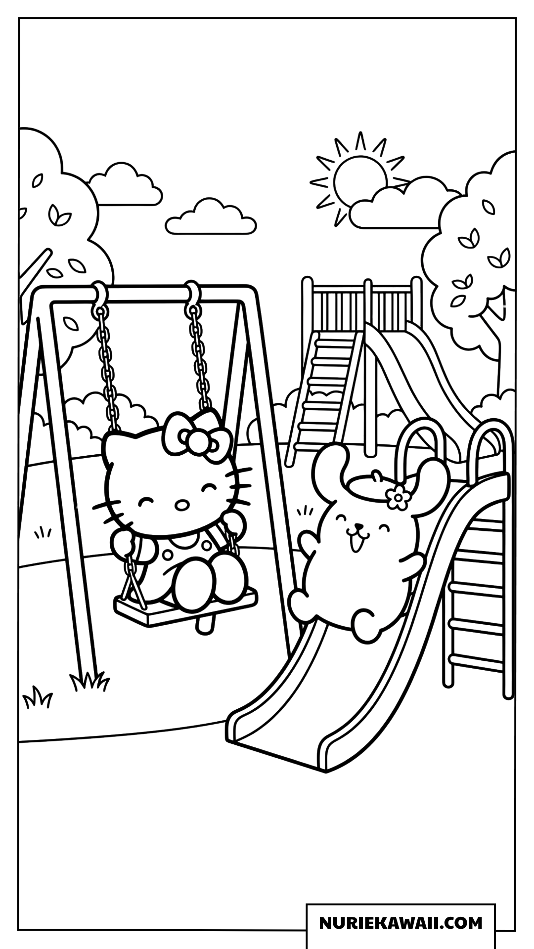 公園で遊ぶハローキティとポムポムプリンの塗り絵