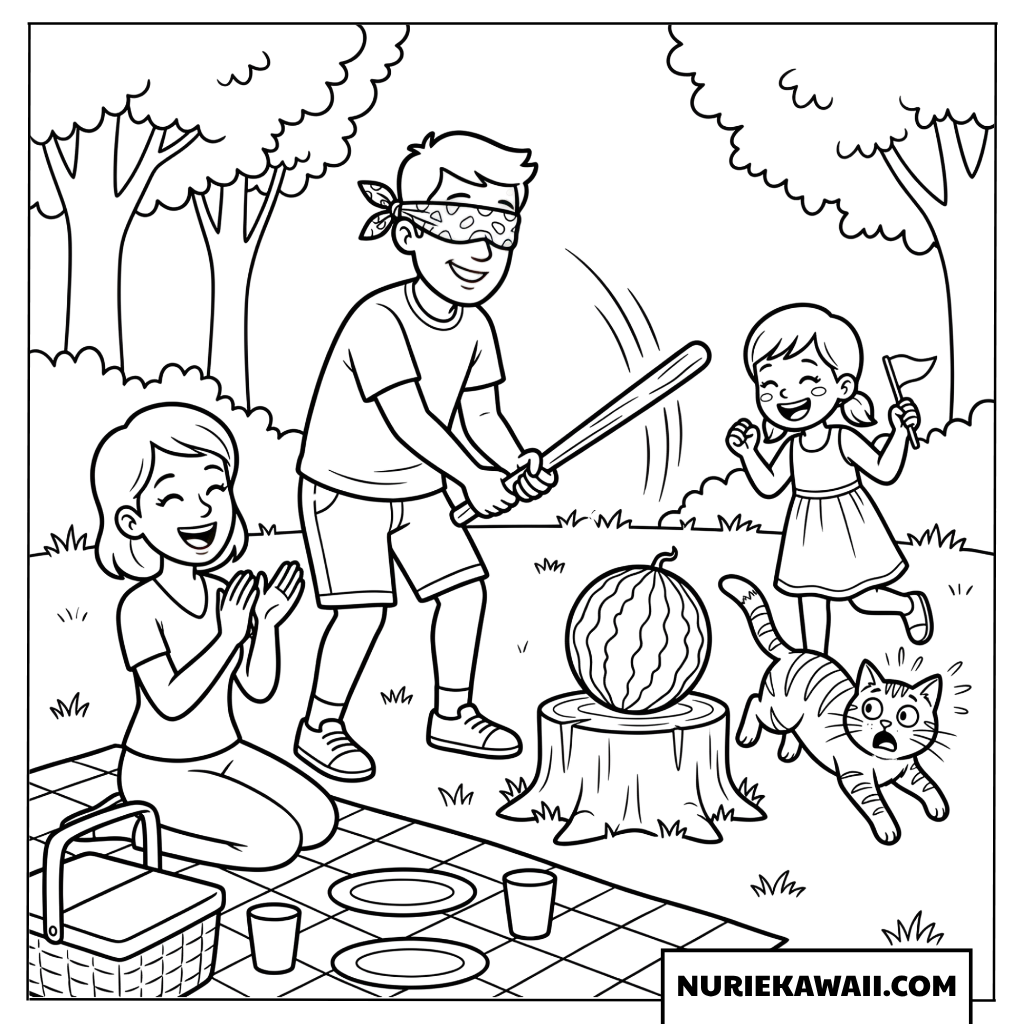 公園のピクニックでスイカ割りを楽しむ家族の塗り絵