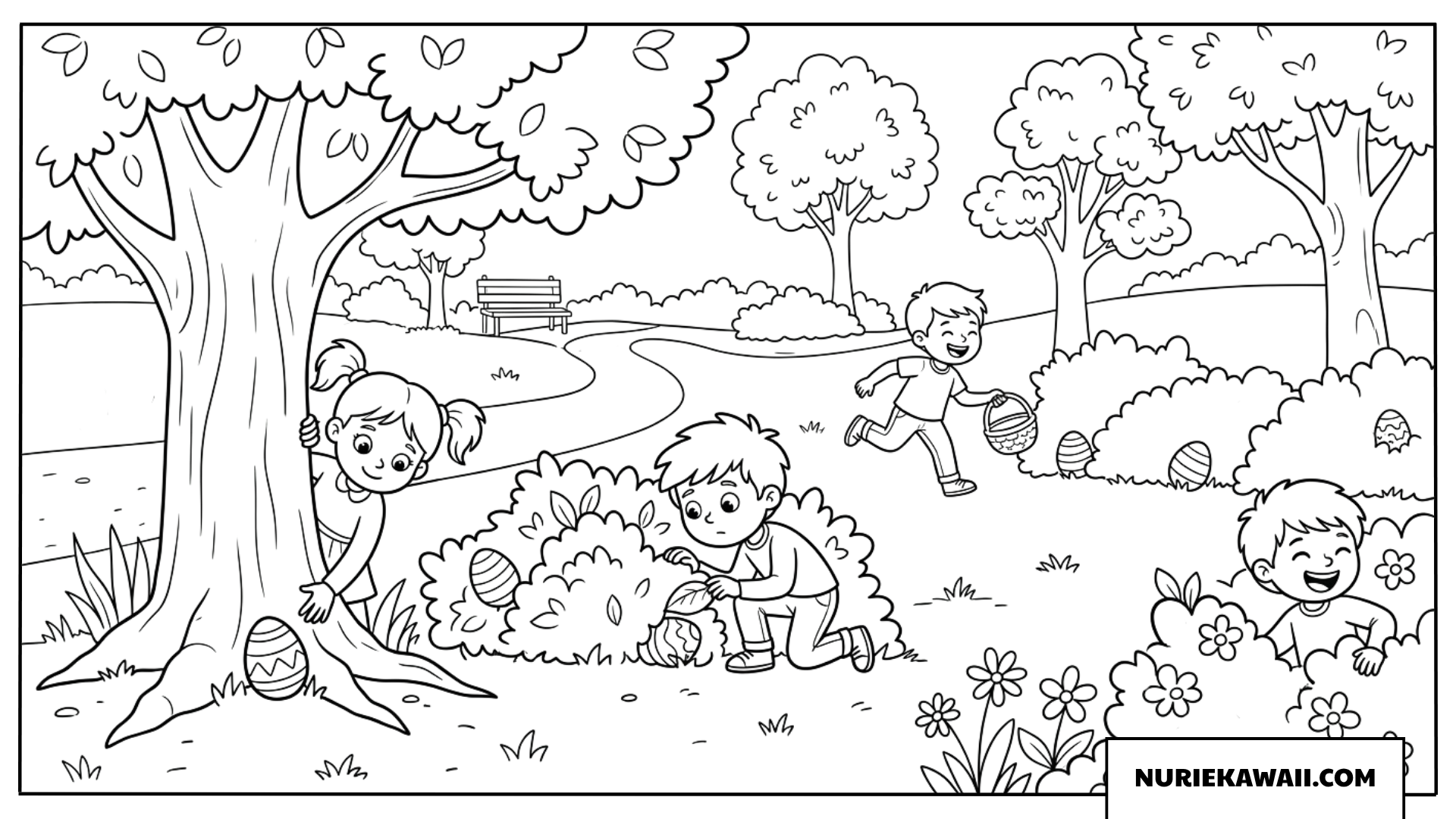 公園の草むらや木の陰でエッグハントを楽しむ子どもたちの塗り絵