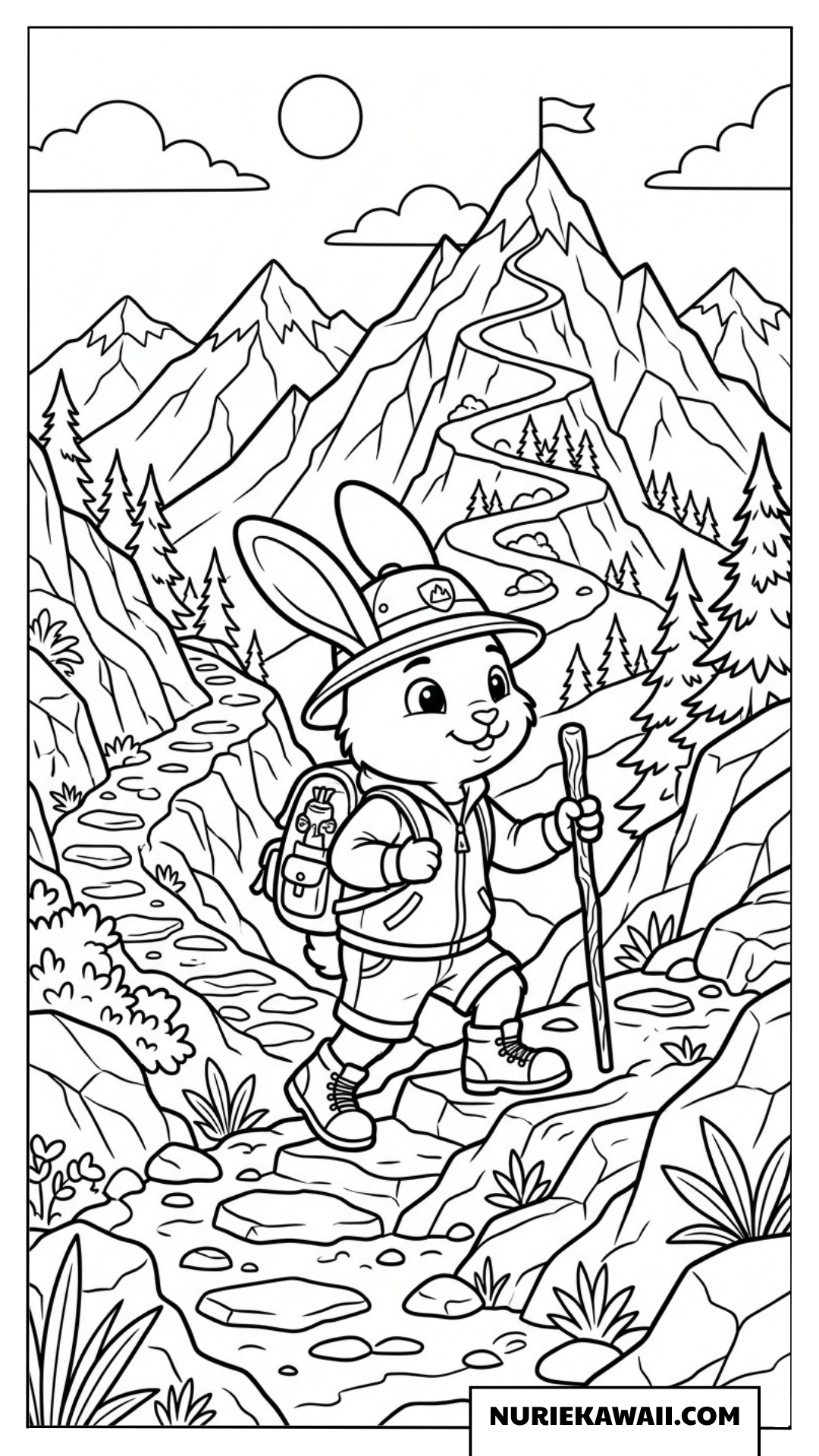 冒険的な登山をするうさぎの塗り絵