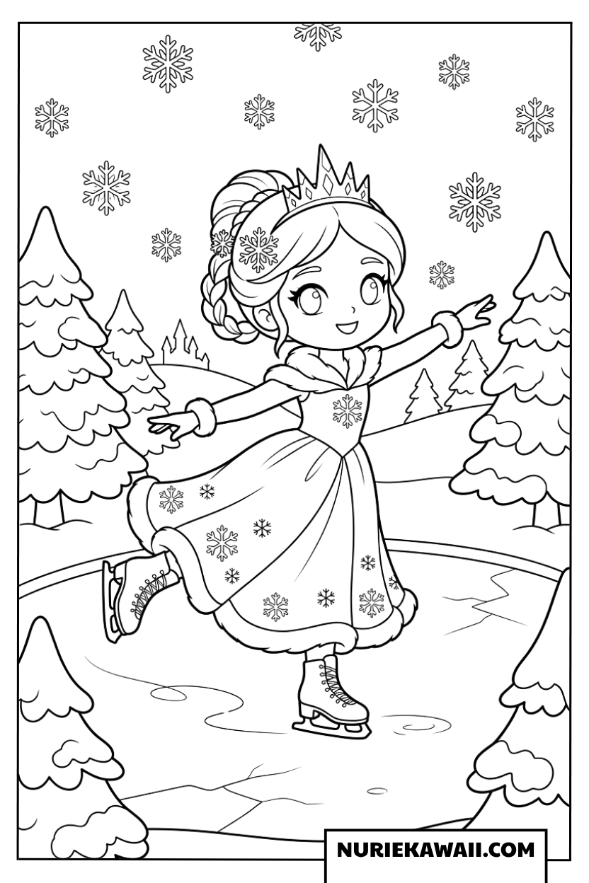 冬の凍った湖できらめく雪の中を滑るプリンセスの塗り絵