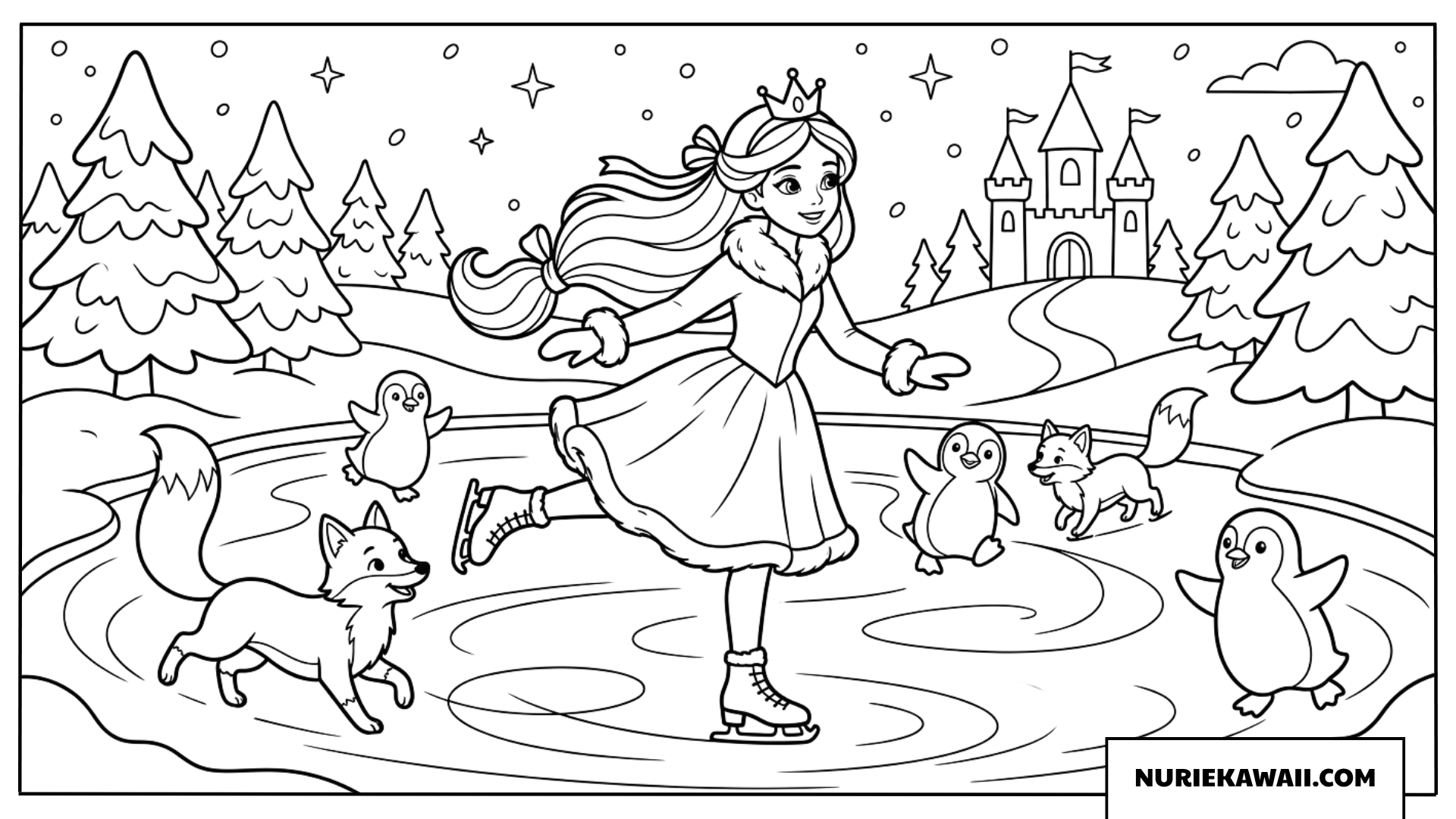 冬の凍った湖で動物たちとスケートをするプリンセスの塗り絵
