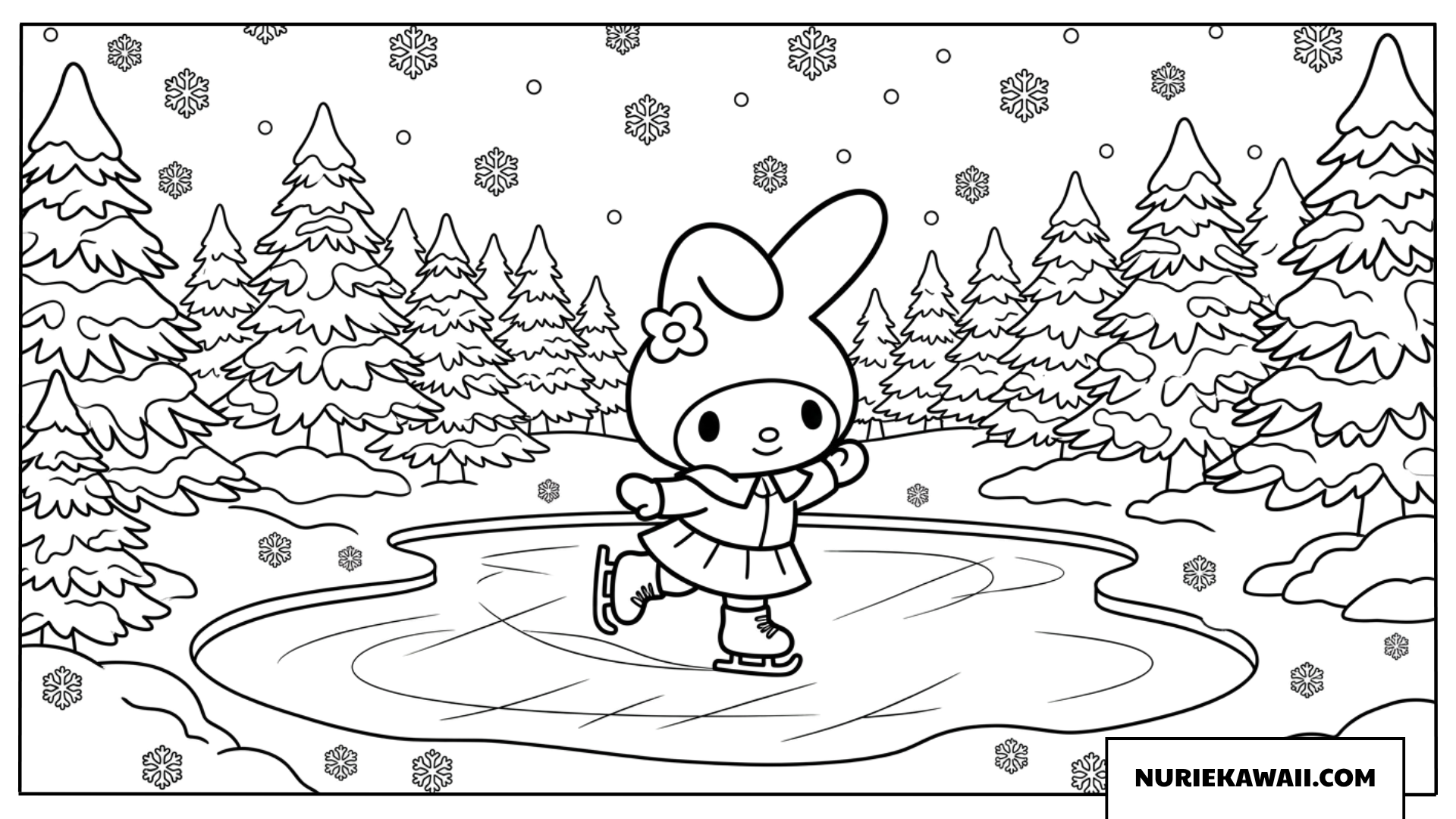 冬の雪山でスケートを楽しむマイメロディの塗り絵