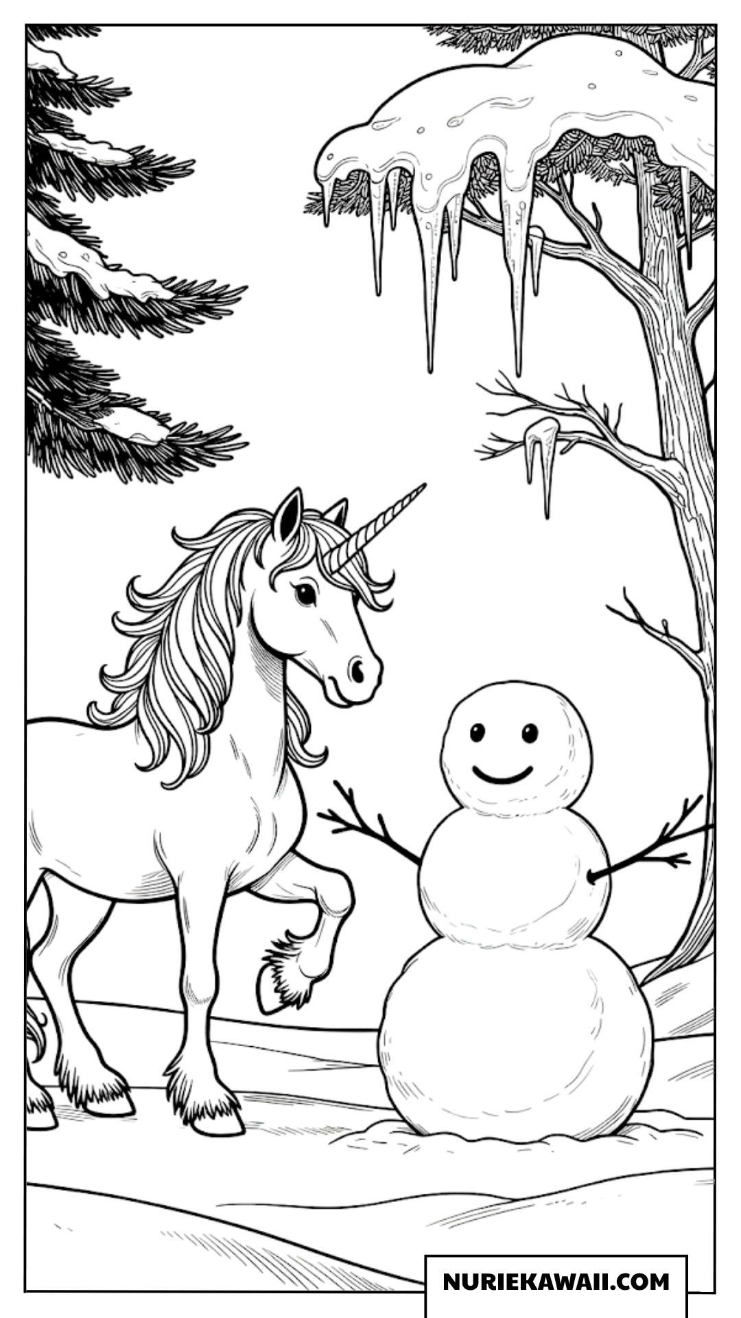 冬の雪景色とスノーマンとユニコーンの塗り絵