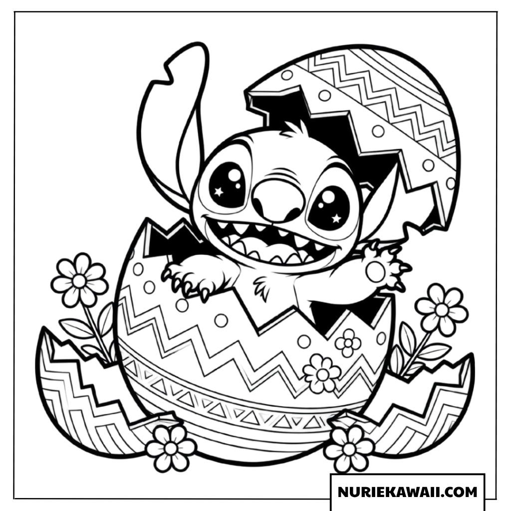 割れたイースターエッグから飛び出すスティッチの塗り絵