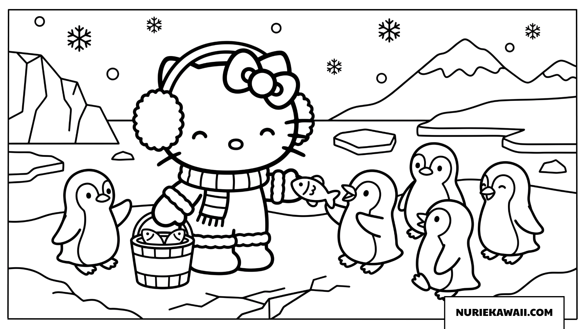 南極でペンギンに魚をあげるハローキティの塗り絵