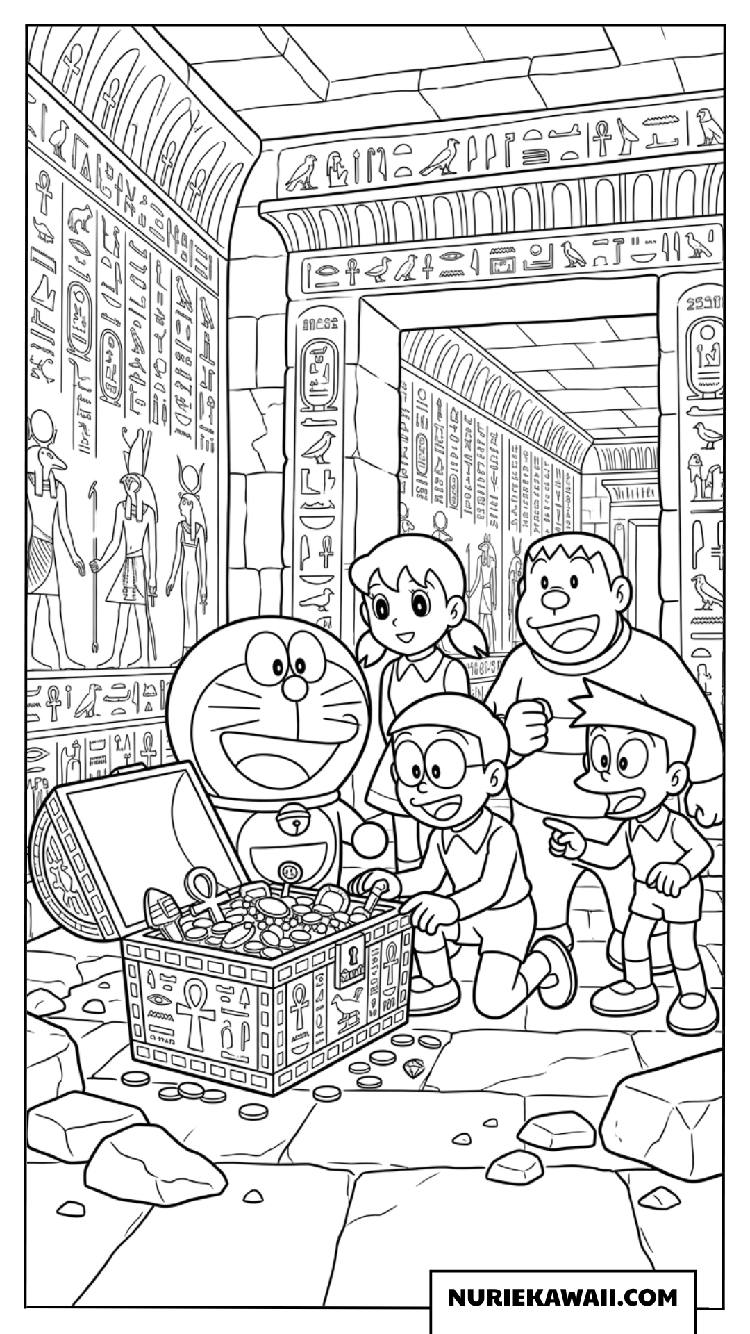 古代エジプトの神殿で宝箱を見つけたドラえもんの塗り絵