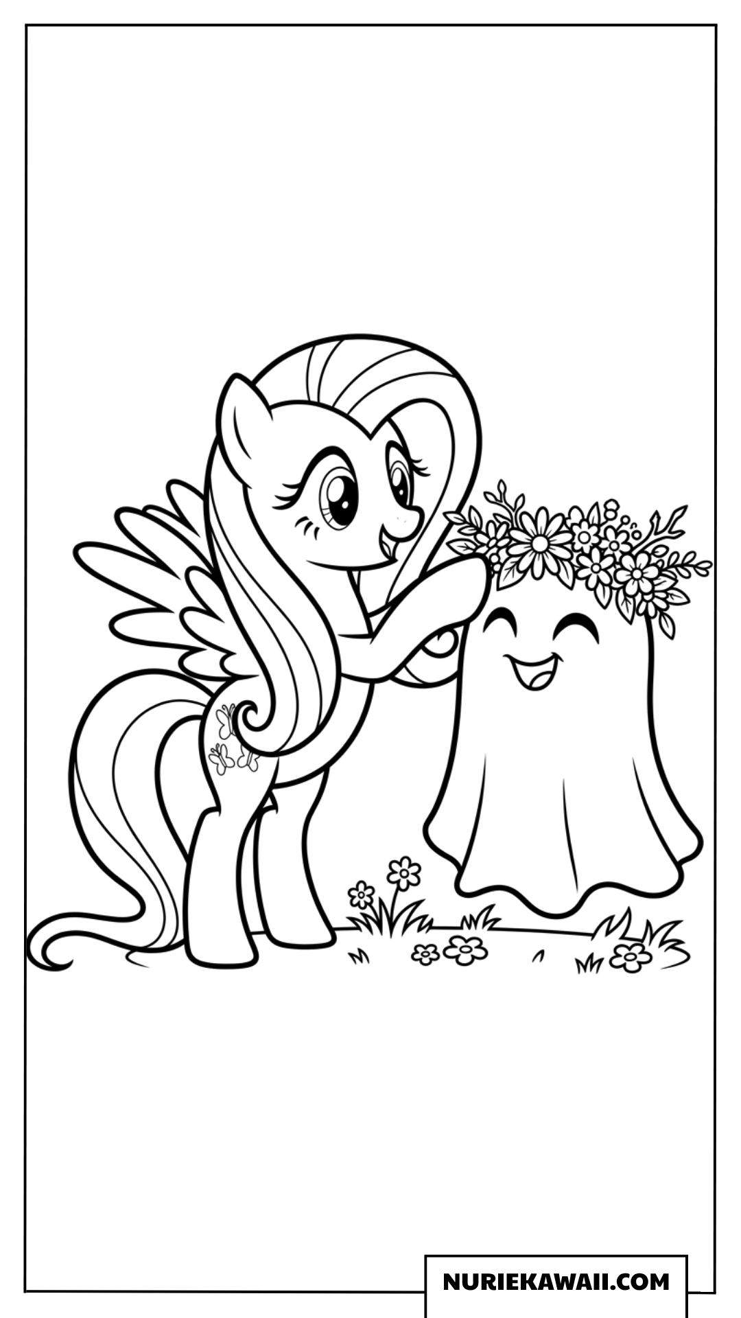 可愛いお化けの頭に花の冠をのせてあげるフラッターシャイの塗り絵