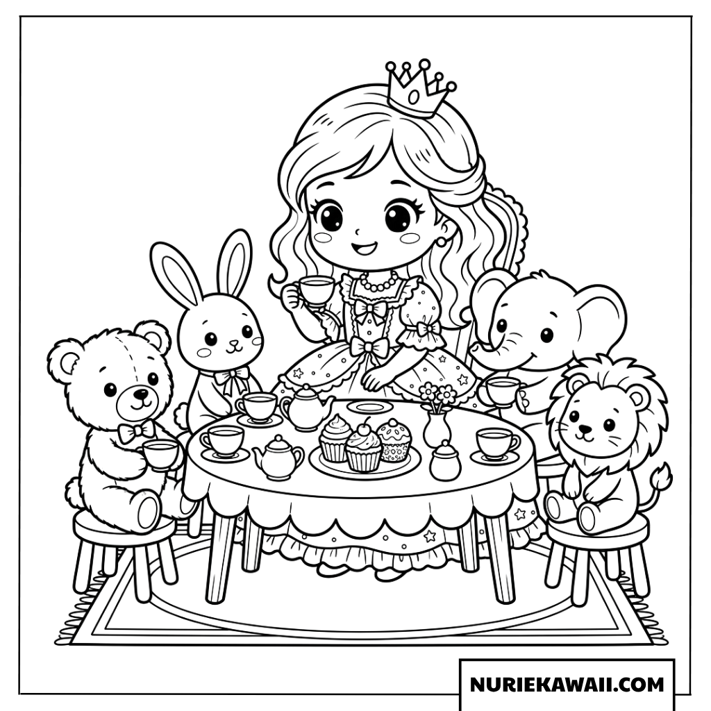 可愛いプリンセスと動物たちのティーパーティー塗り絵