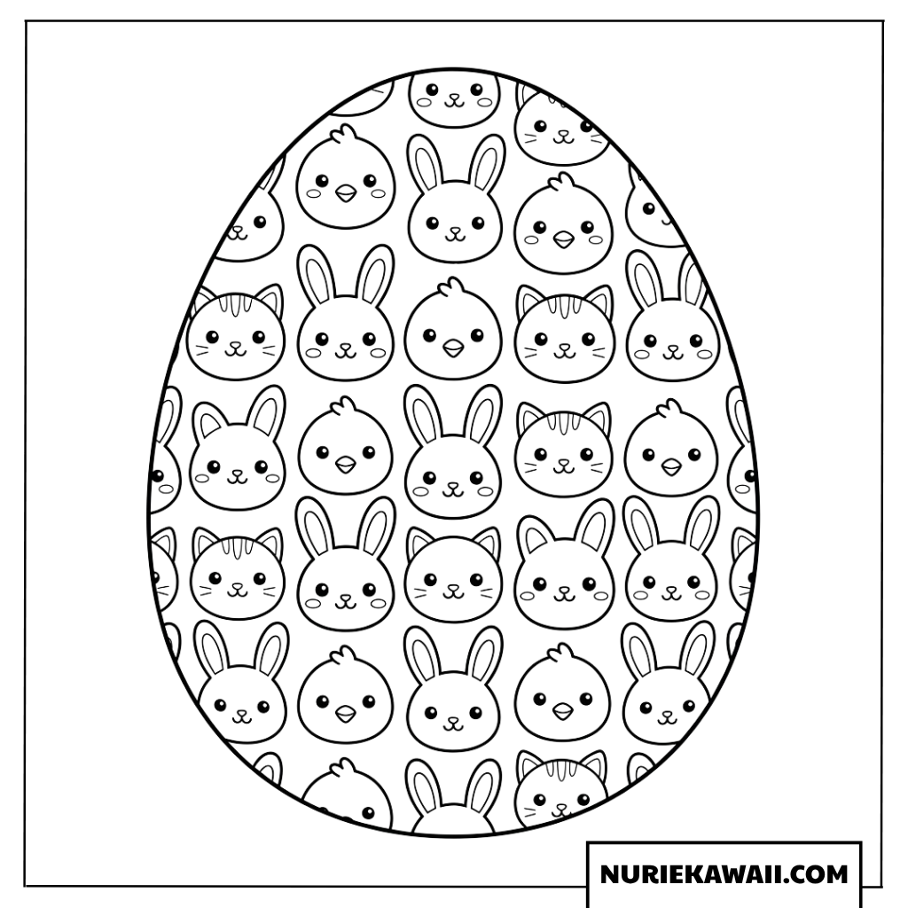 可愛い動物たちの顔がいっぱいのイースターエッグ塗り絵