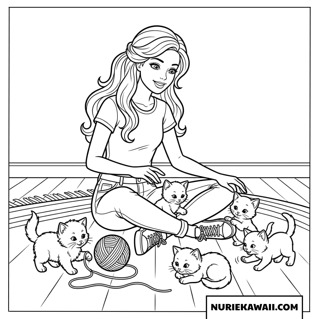 可愛い子猫たちと室内で遊ぶバービーの塗り絵