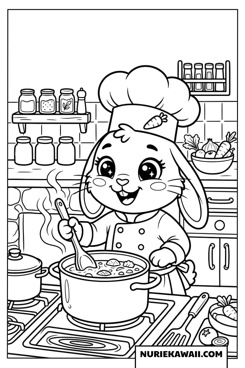 台所でスープを料理するシェフ姿のかわいいウサギの塗り絵