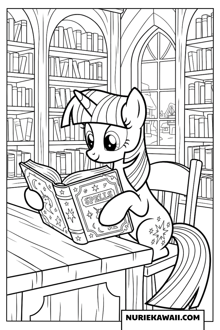 図書館で魔法の本を読んでいるトワイライトスパークルの塗り絵