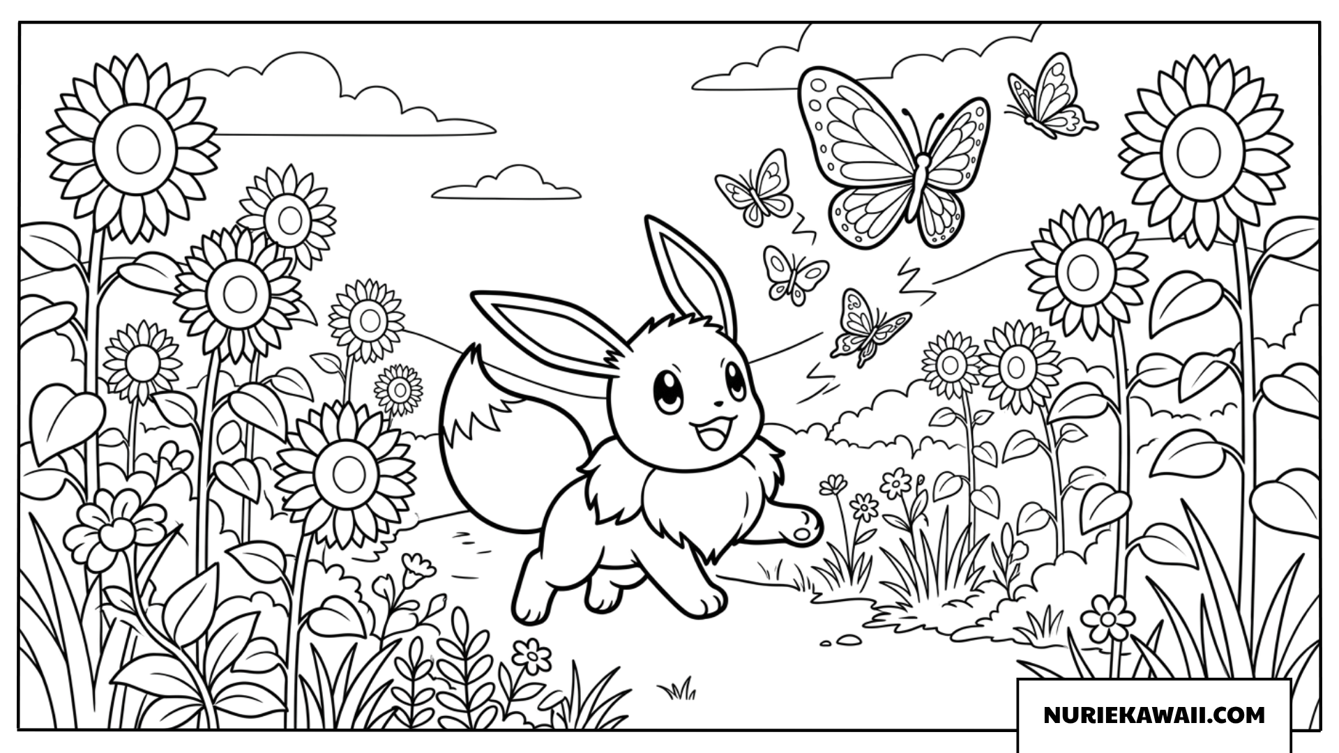 塗り絵 ひまわり畑で蝶々を追いかけて遊ぶイーブイ