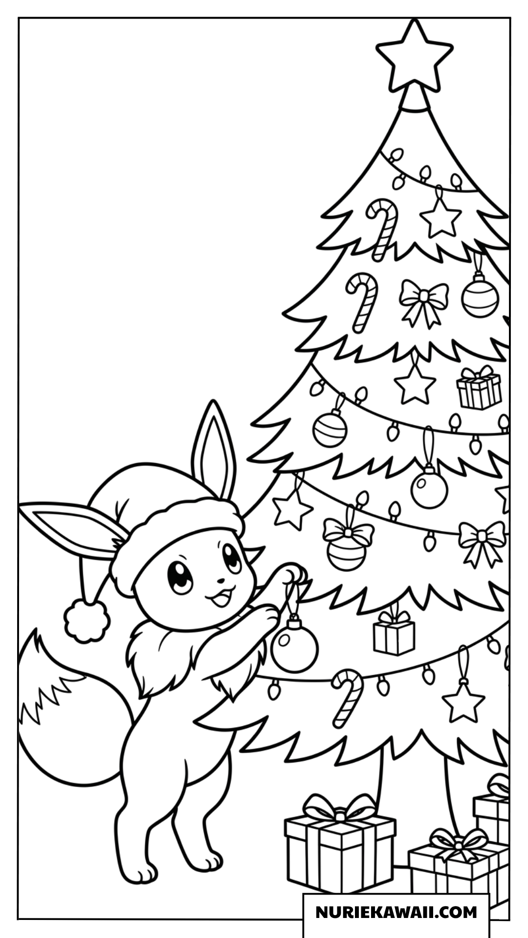 塗り絵 サンタ帽をかぶってクリスマスツリーを飾るイーブイ