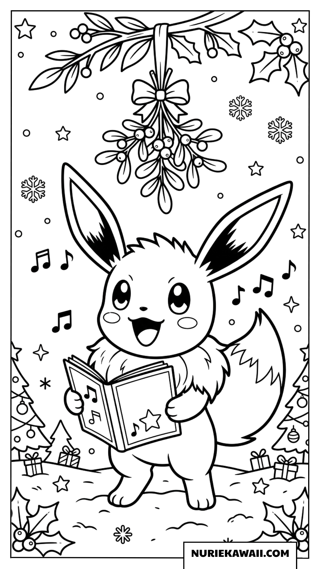 塗り絵 ヤドリギの下でクリスマスの歌を歌うイーブイ