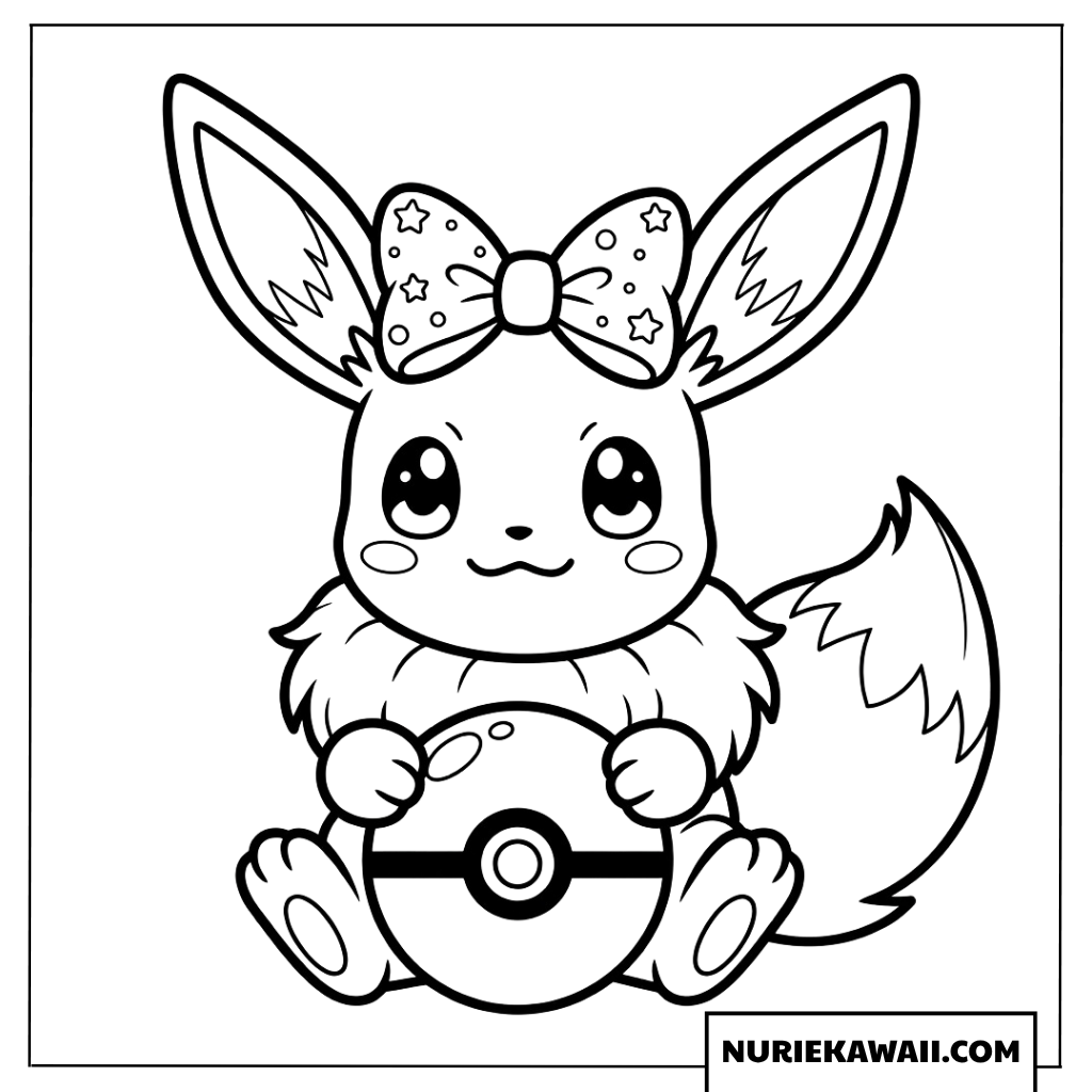 塗り絵 - リボンとモンスターボールを持ったかわいいイーブイ