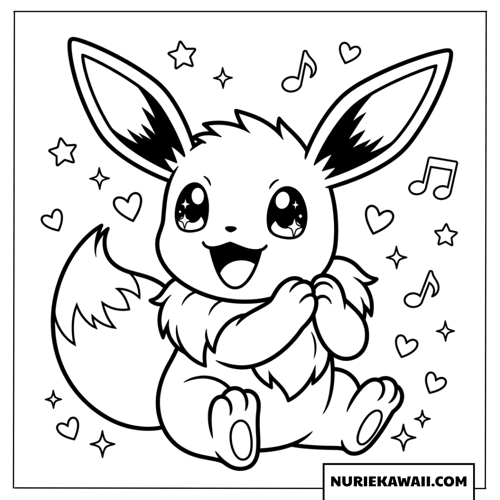 塗り絵 - 幸せそうに歌うイーブイと音符のイラスト