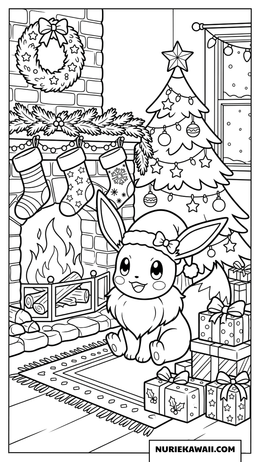 塗り絵 暖かい暖炉のそばでくつろぐクリスマスのイーブイ