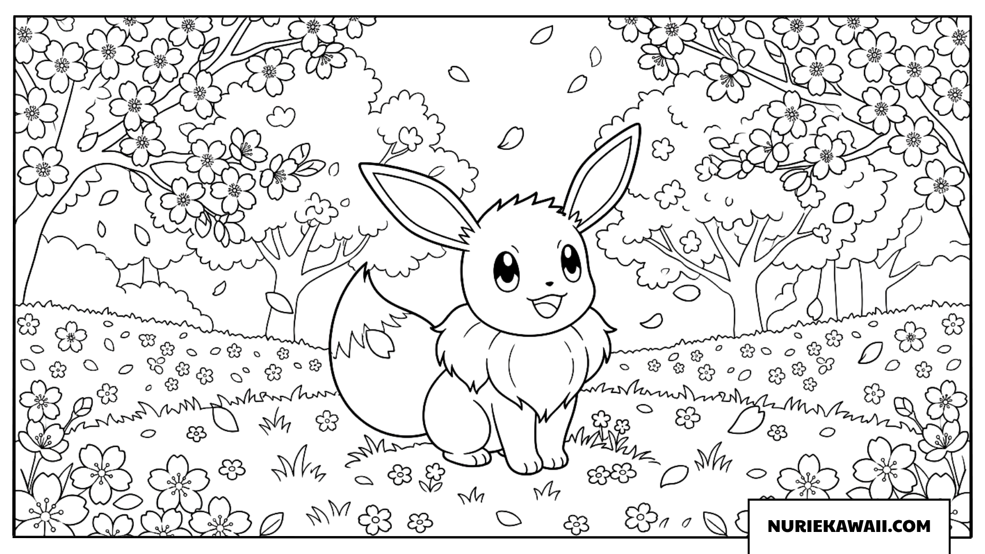 塗り絵 満開の桜の木の下で微笑むかわいいイーブイ