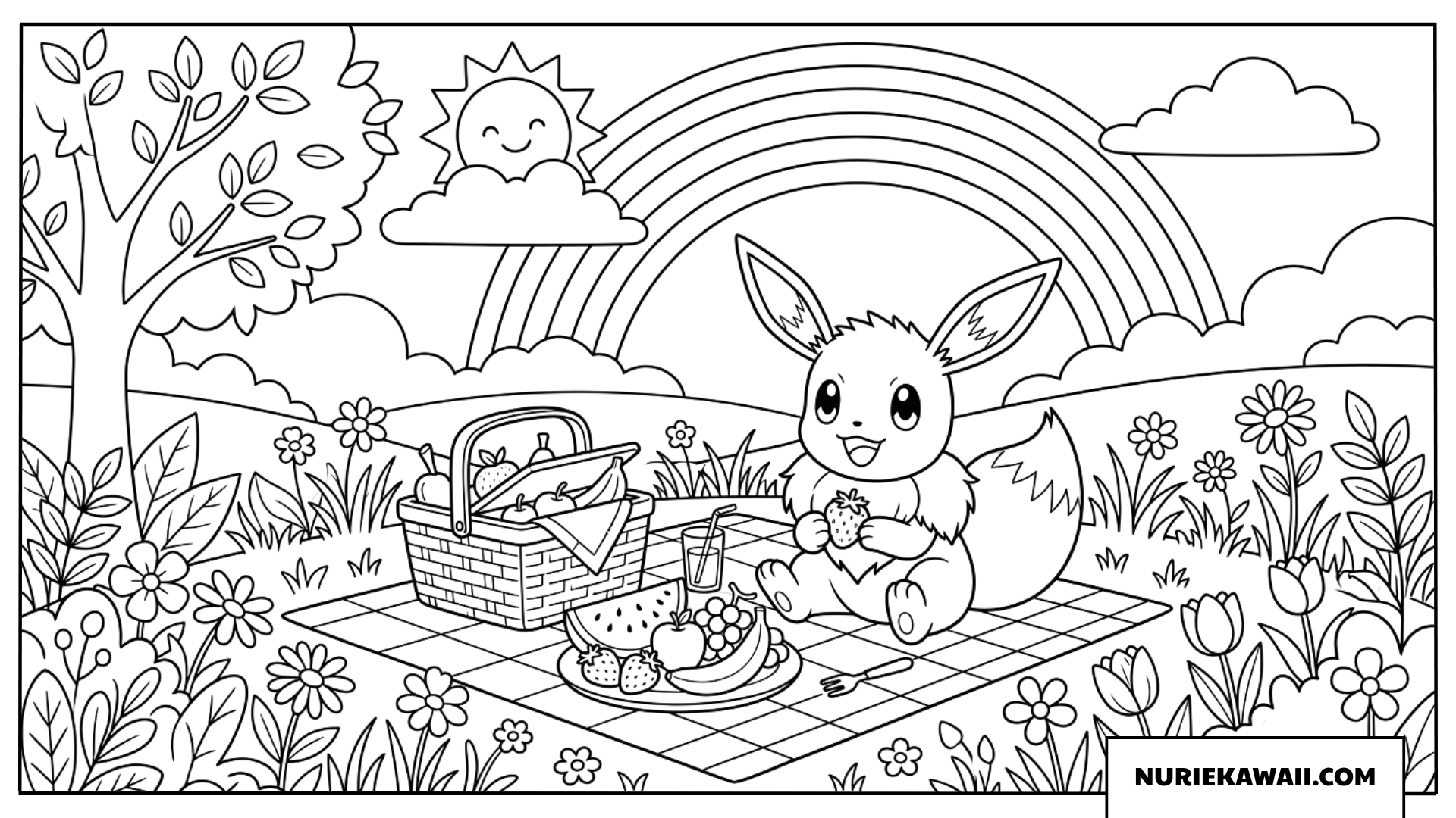 塗り絵 虹とおひさまの下でピクニックを楽しむイーブイ