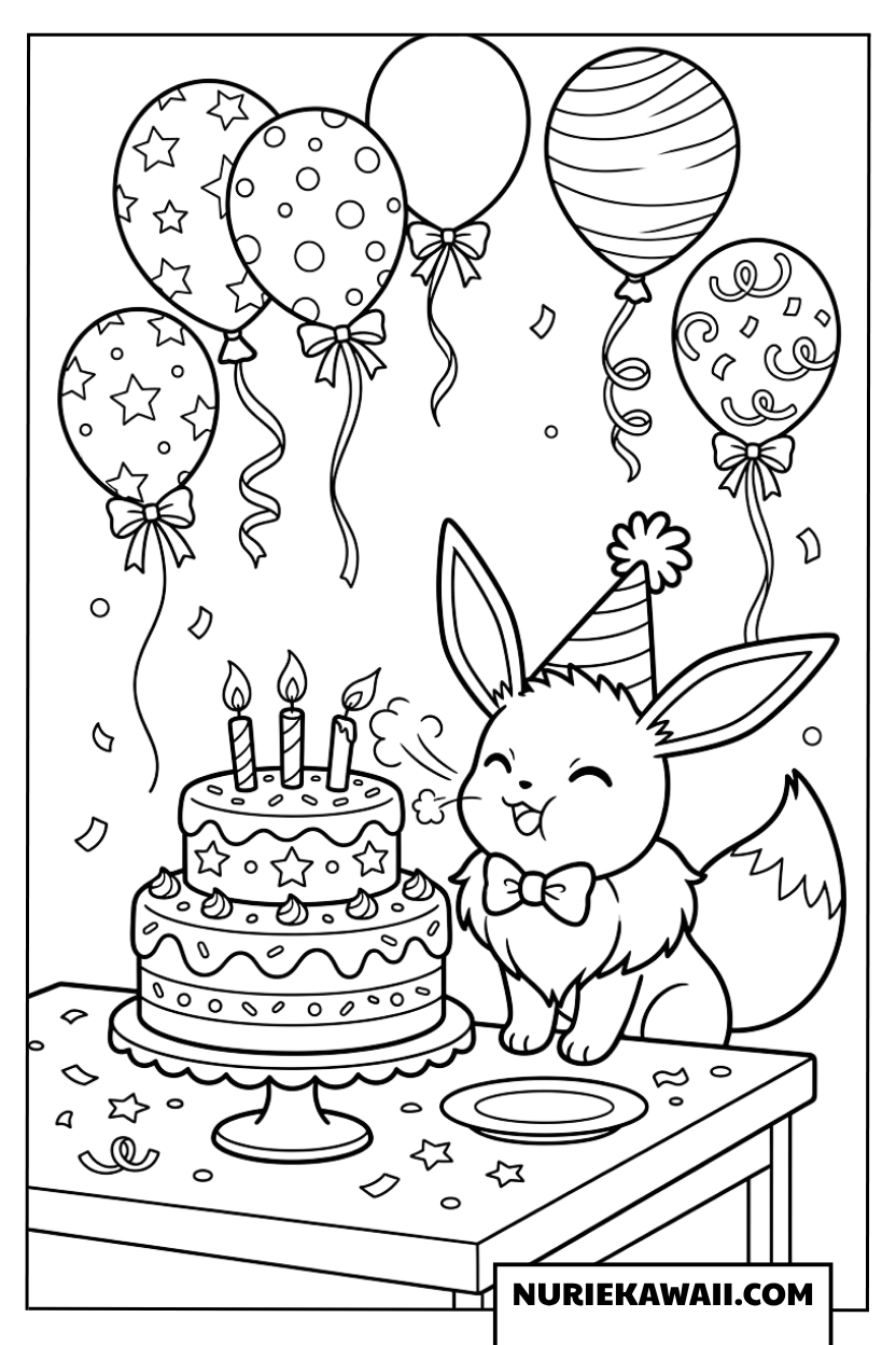 塗り絵 誕生日のキャンドルをふーっと吹き消すイーブイ