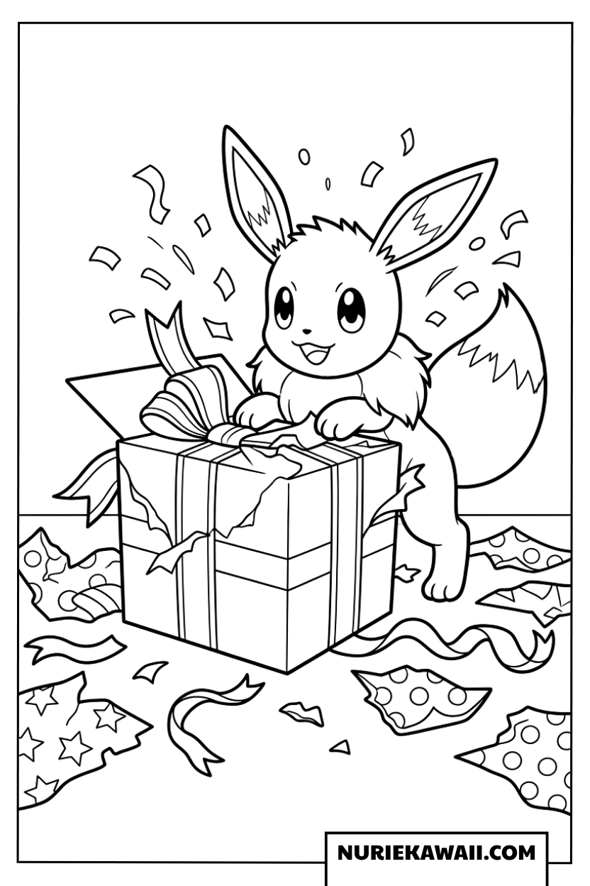 塗り絵 誕生日プレゼントを元気に開けるイーブイのイラスト