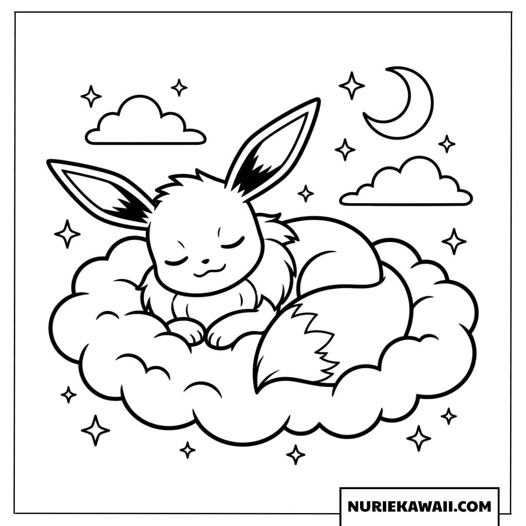 塗り絵 - 雲の上で穏やかに眠るイーブイのイラスト