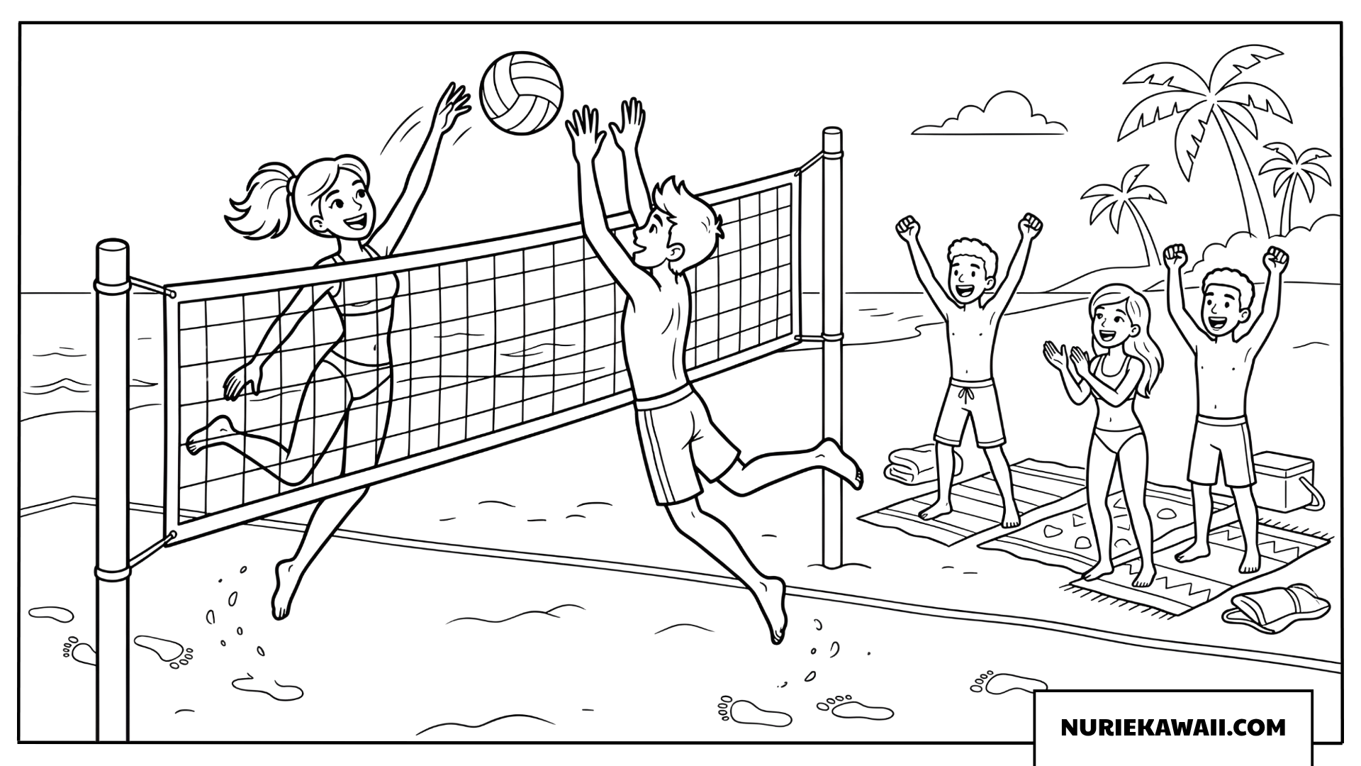 夏のビーチで元気にビーチバレーを楽しむ若者たちの塗り絵