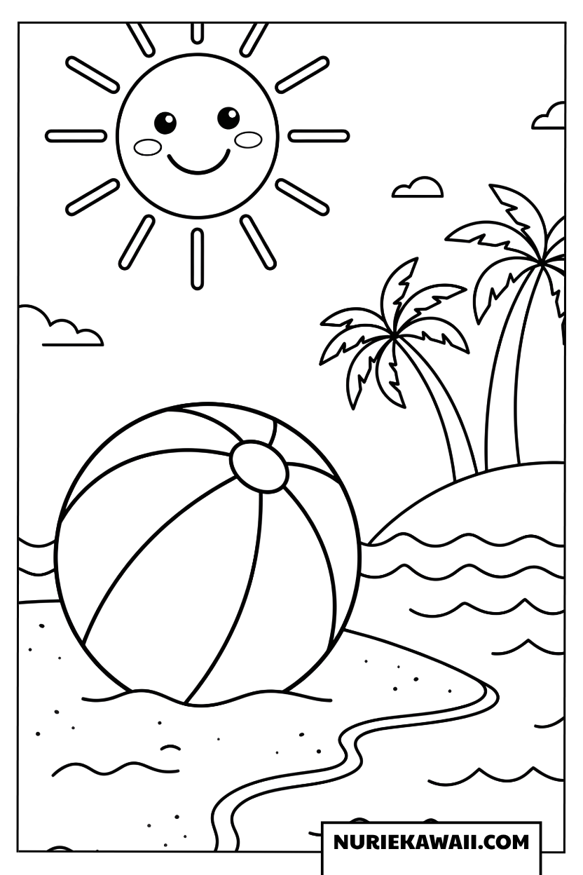 夏のビーチと大きなビーチボールの塗り絵