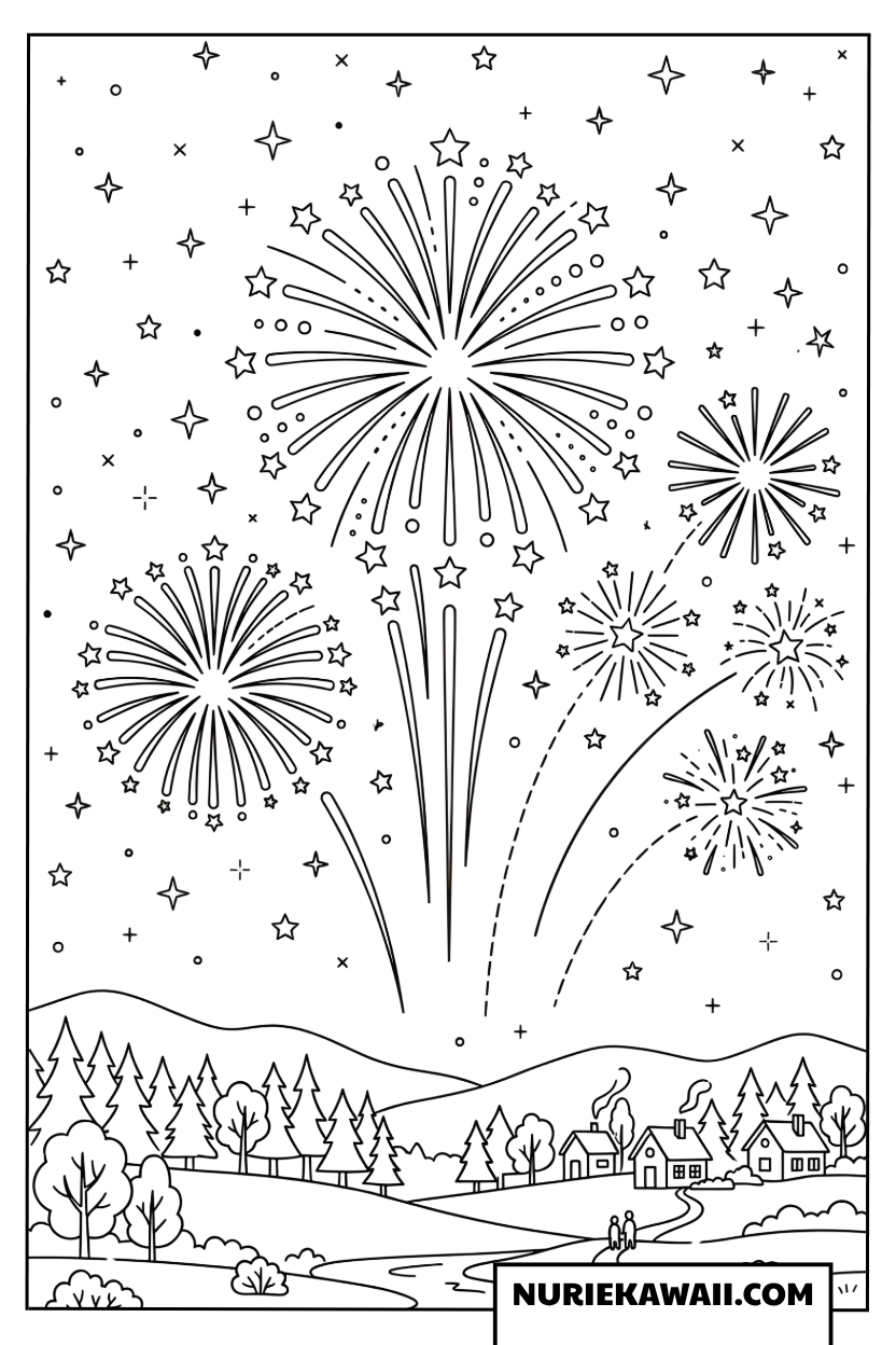 夏の夜空に輝く花火と星空の塗り絵