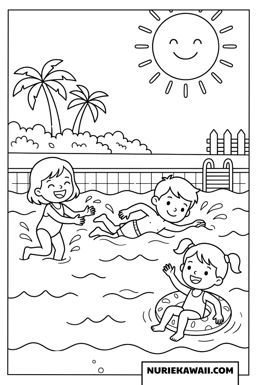 夏の太陽の下で楽しく泳ぐ子供たちの塗り絵