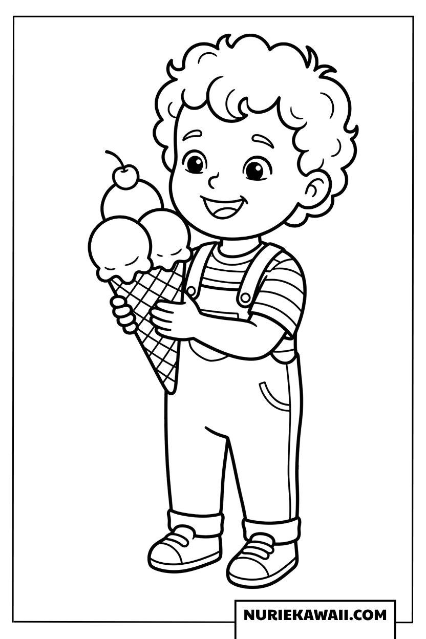 夏の日に大きなアイスクリームを持つ男の子の塗り絵