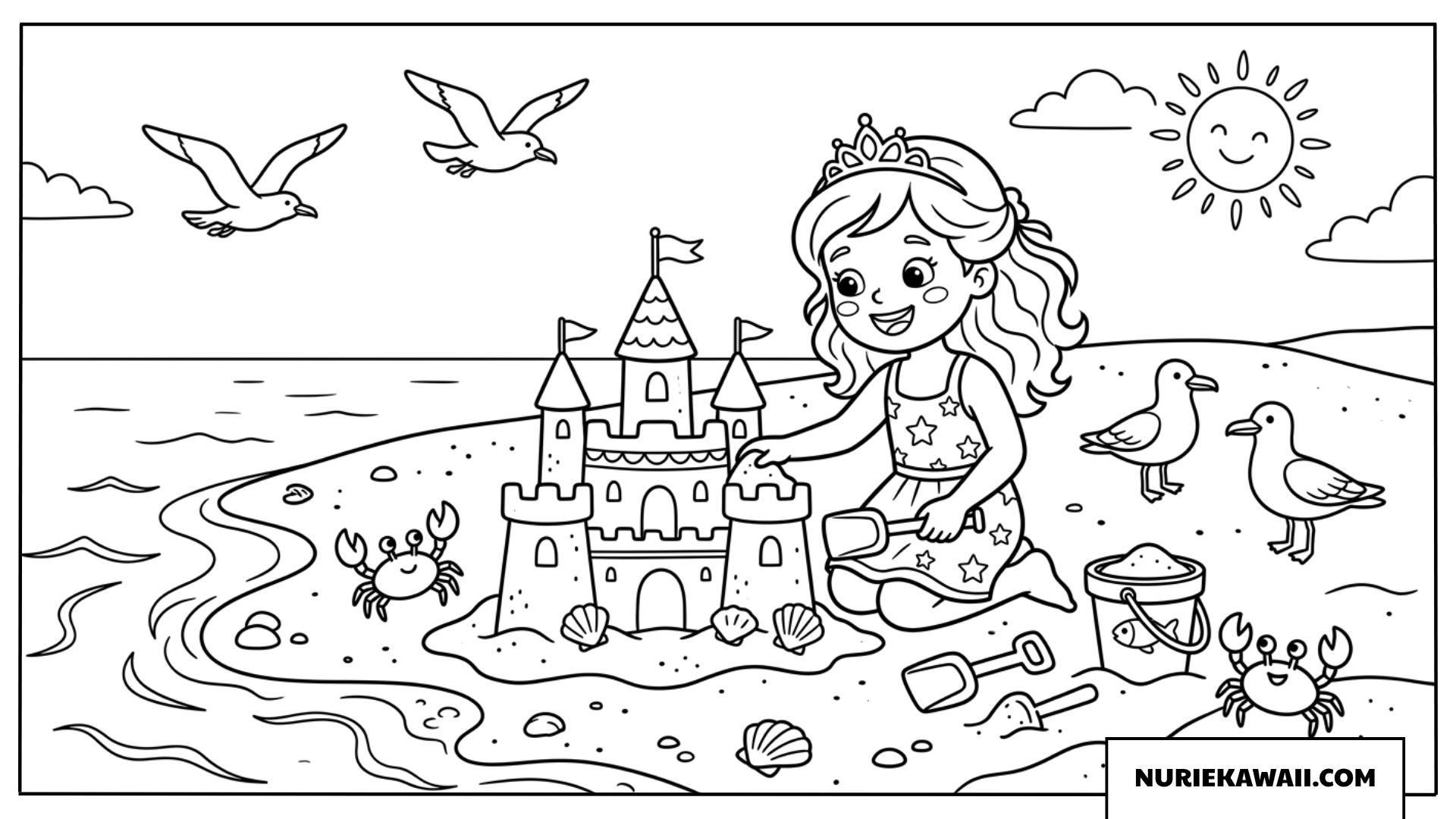 夏の海辺で砂のお城を作るプリンセスの塗り絵