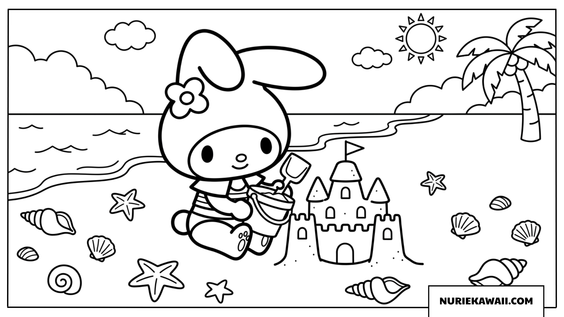 夏の海辺で砂のお城を作るマイメロディの塗り絵