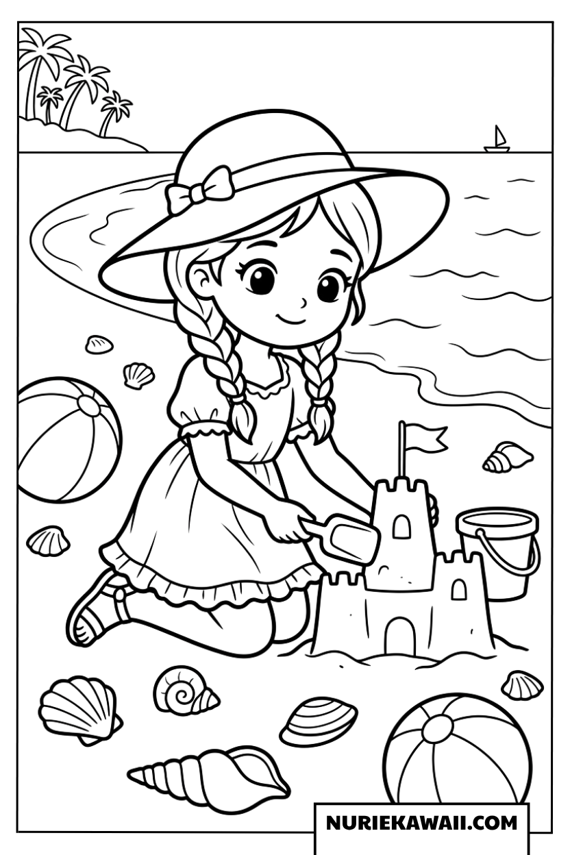 夏の砂浜で砂のお城を作って遊ぶ可愛いプリンセスの塗り絵