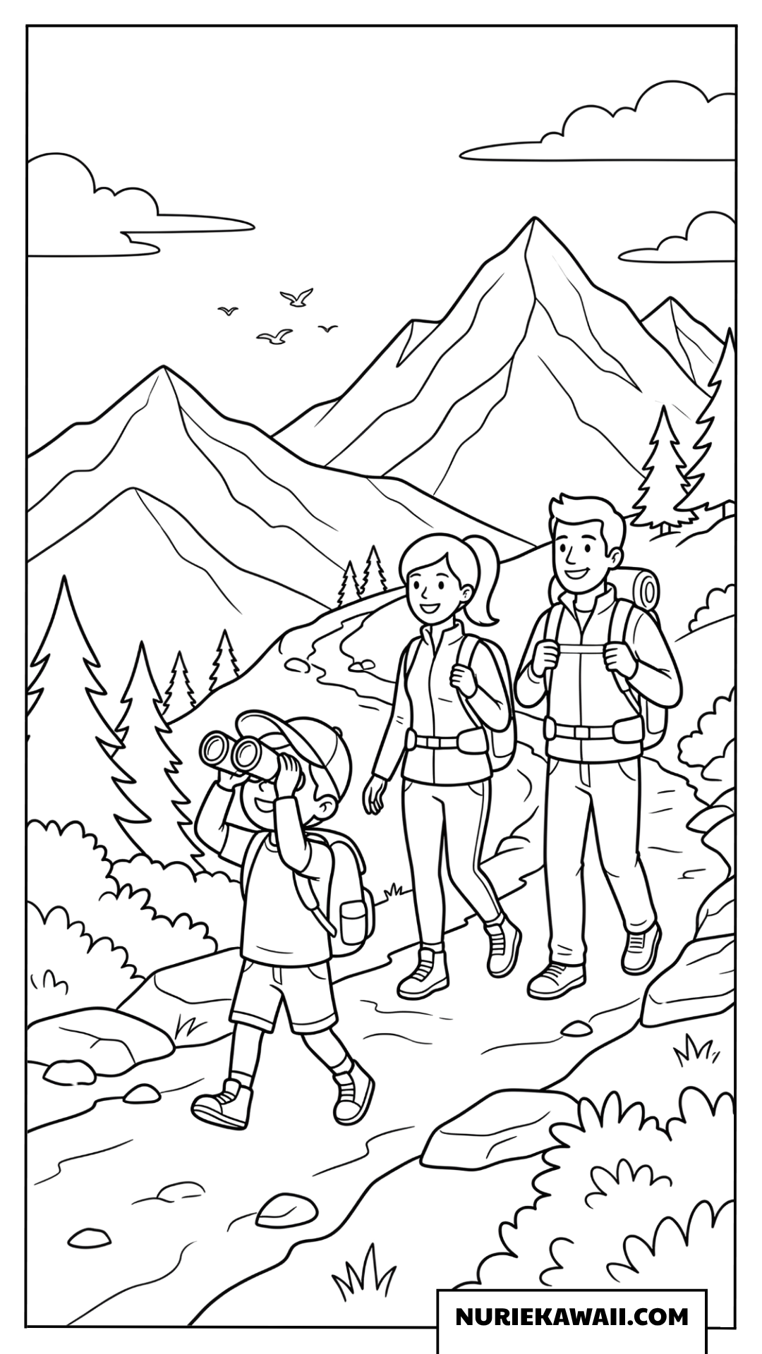 夏休みに家族でハイキングを楽しむ登山の塗り絵