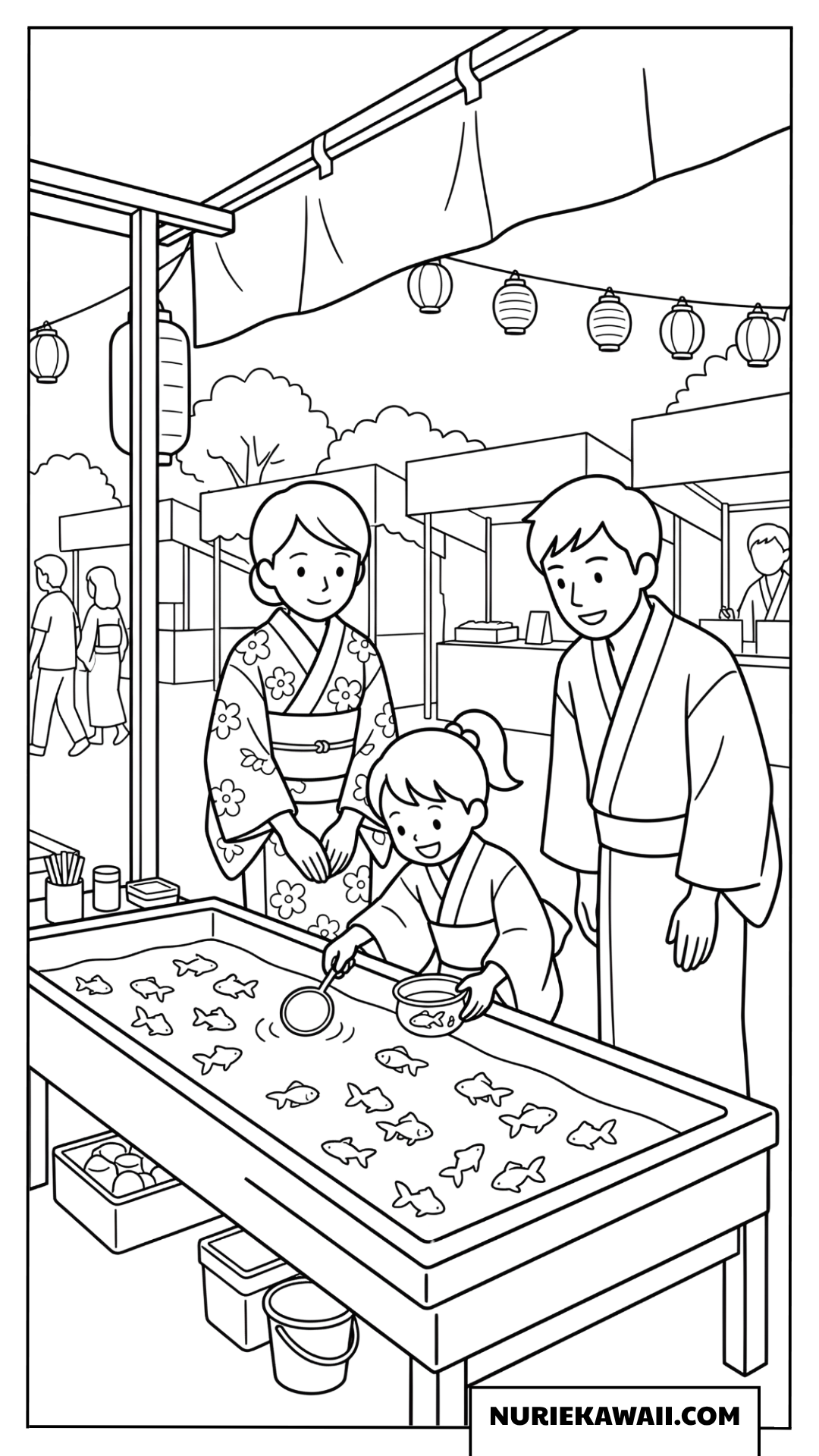夏祭りの屋台で金魚すくいに挑戦する女の子の塗り絵
