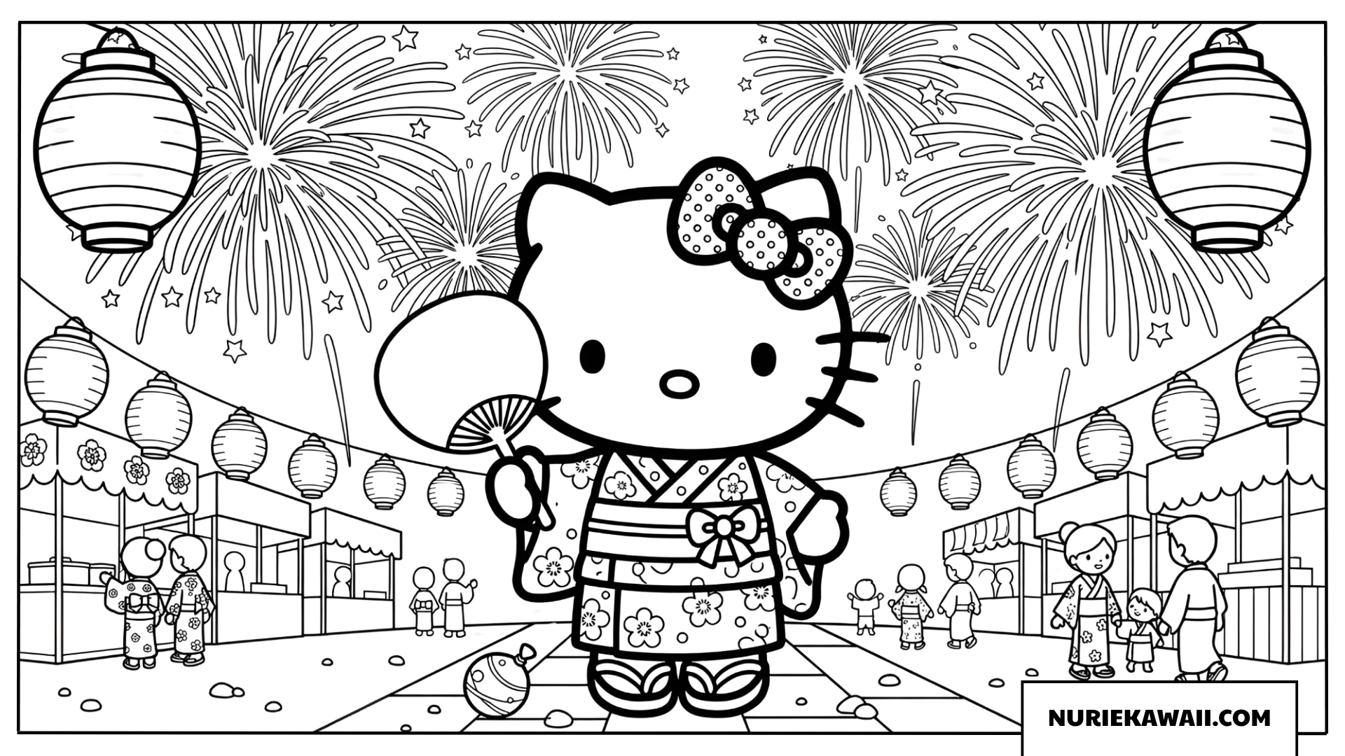 夏祭りの浴衣姿と打ち上げ花火のハローキティの塗り絵