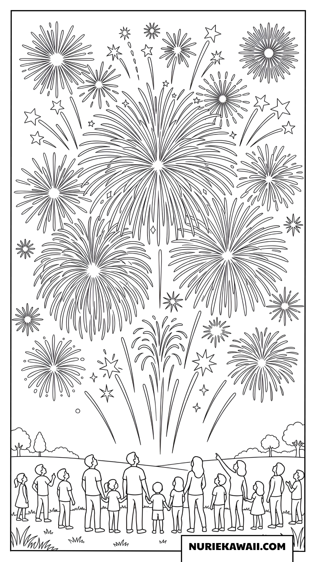 夜空に打ち上がる大きな花火を見上げる家族の塗り絵