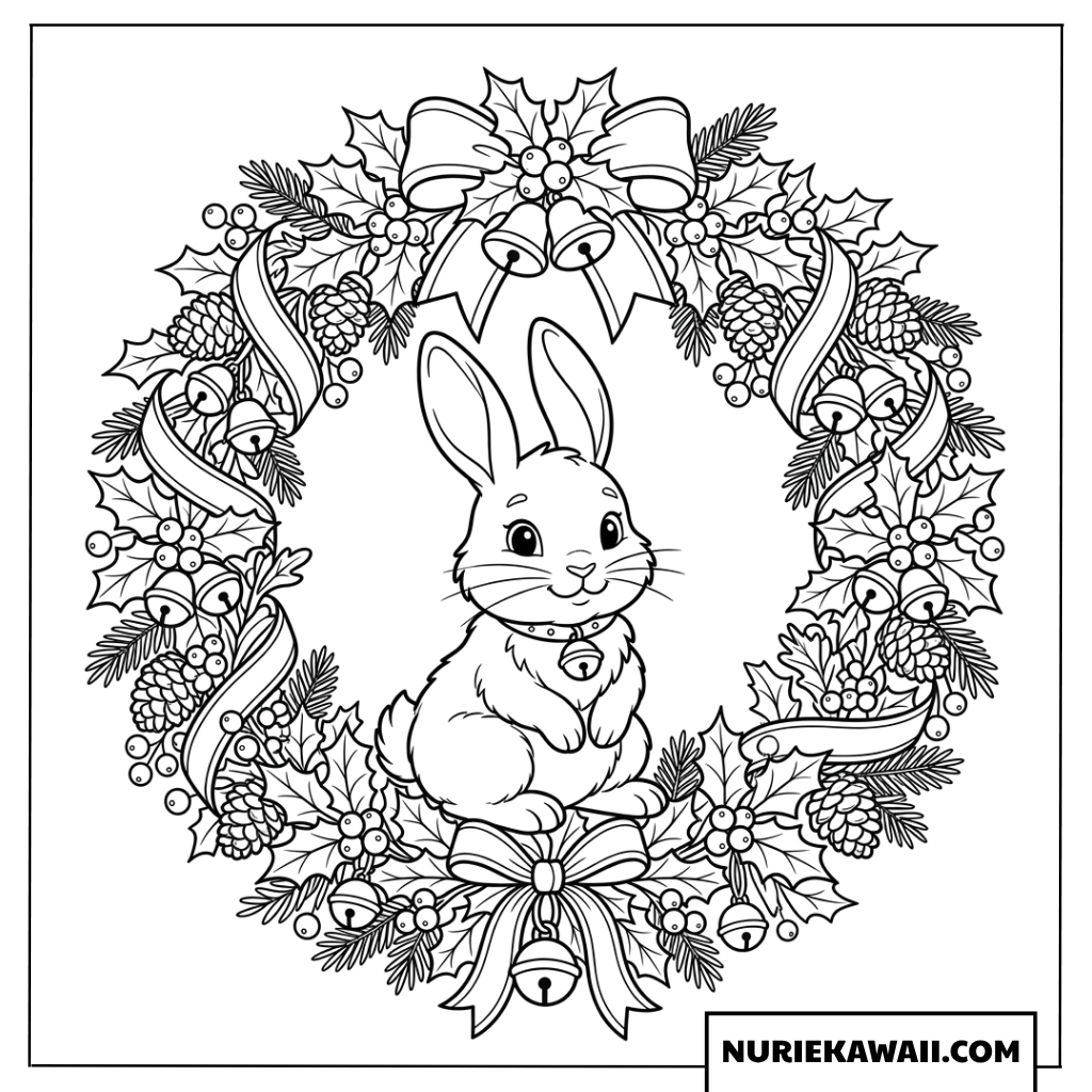 大きなクリスマスリースと子うさぎ 塗り絵