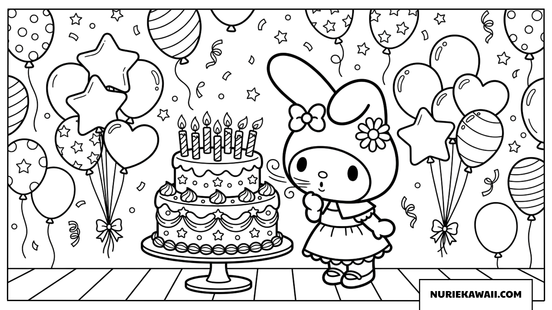 大きなケーキのキャンドルを吹くマイメロディの塗り絵