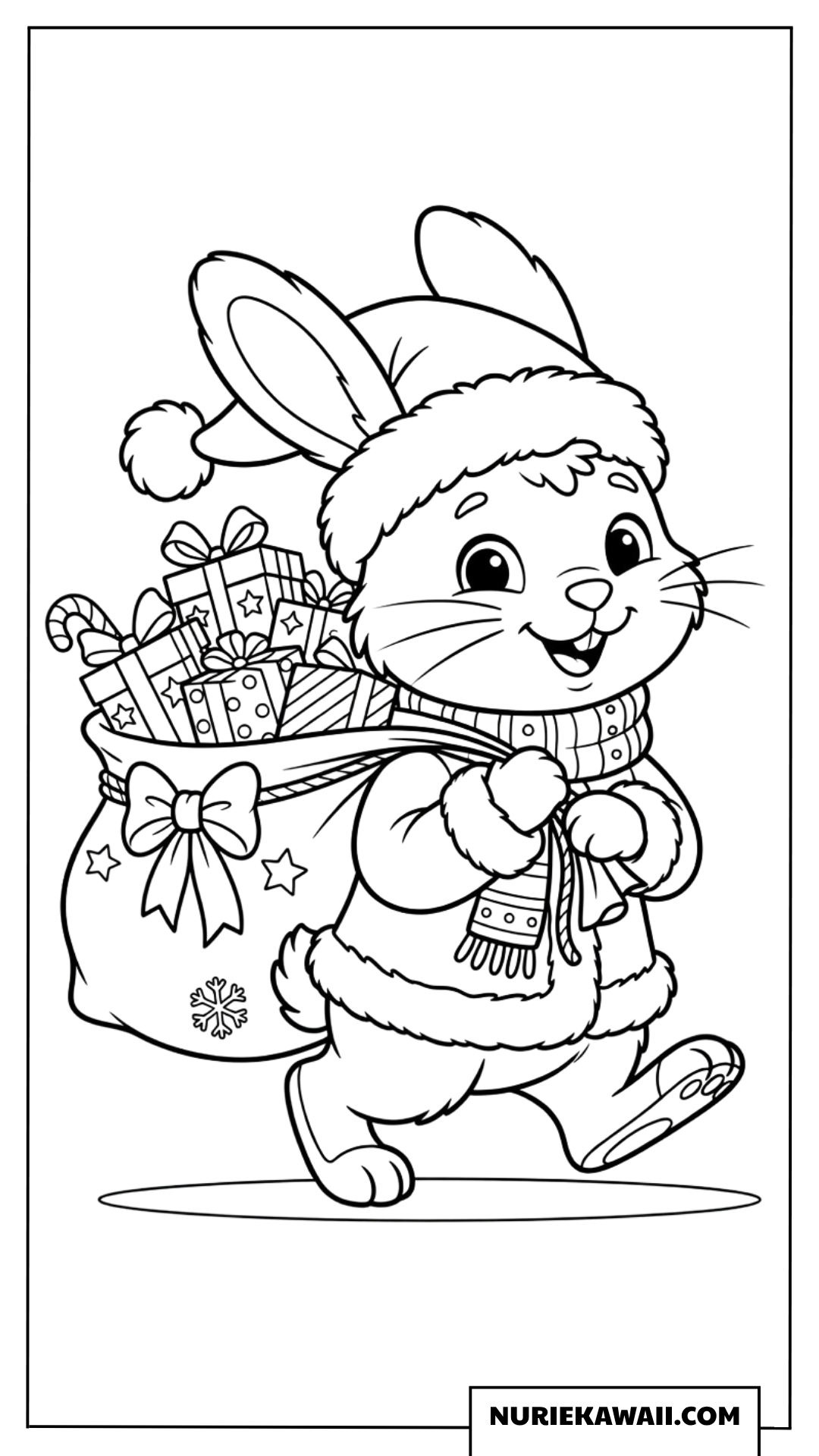 大きなプレゼント袋を運ぶウサギの塗り絵