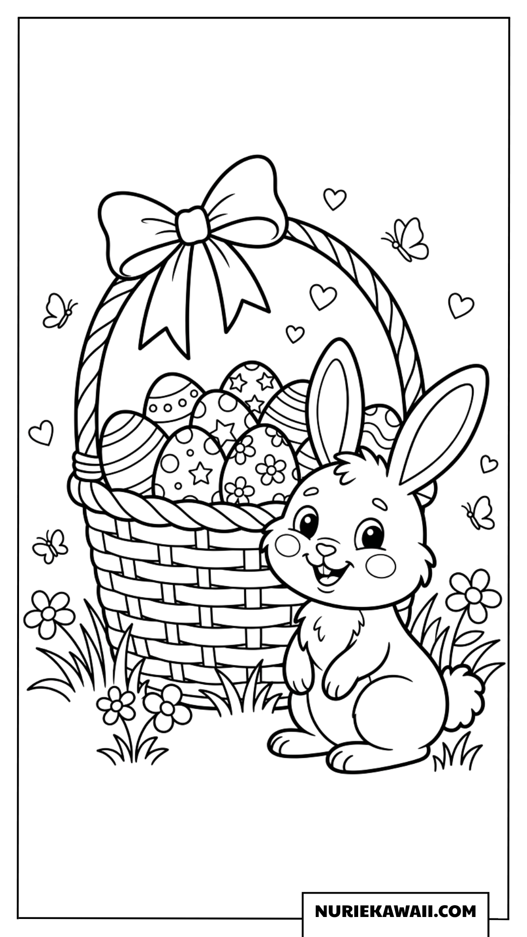 大きなリボンのついた卵いっぱいのカゴと可愛い子ウサギの塗り絵