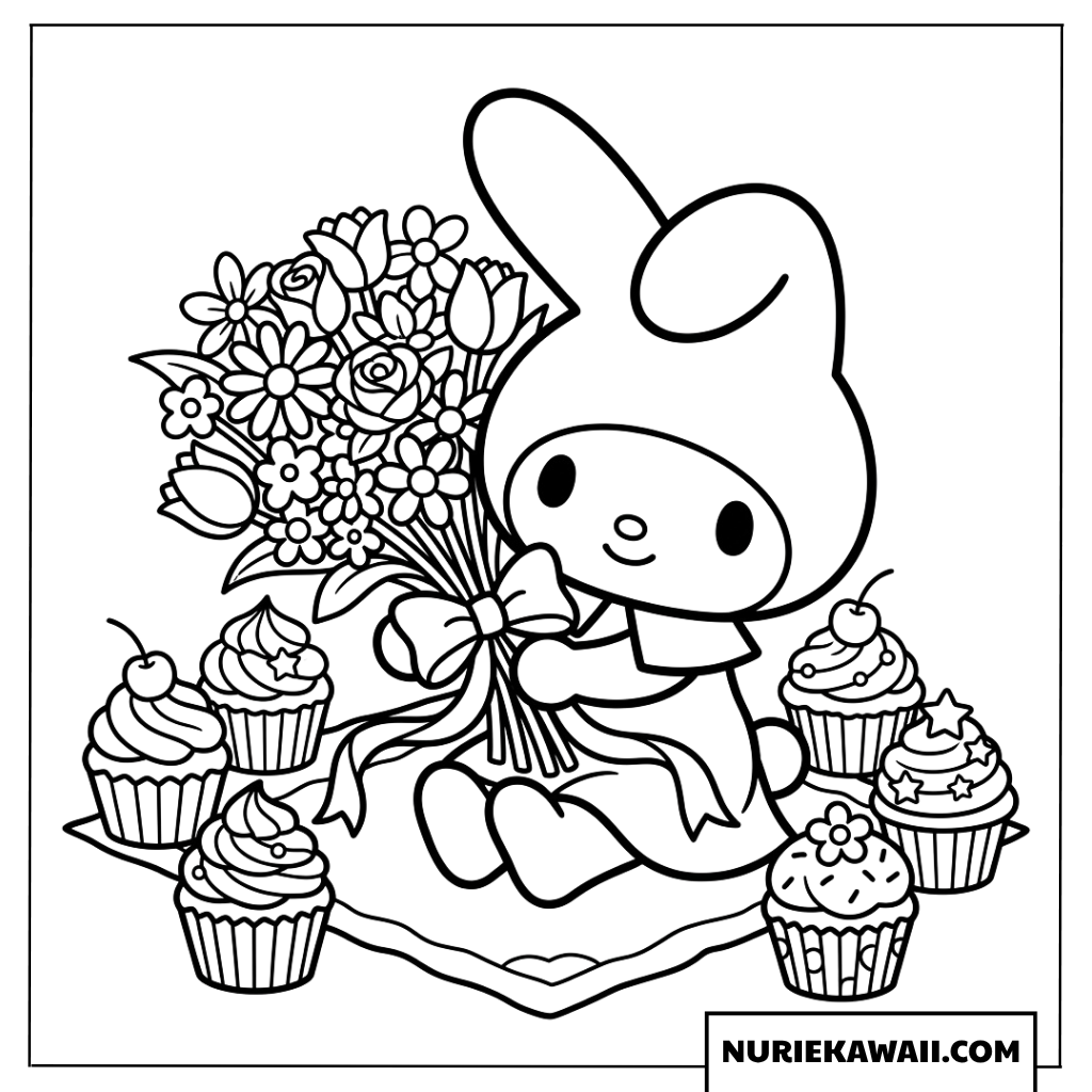 大きな花束と美味しそうなカップケーキを持つマイメロディの塗り絵
