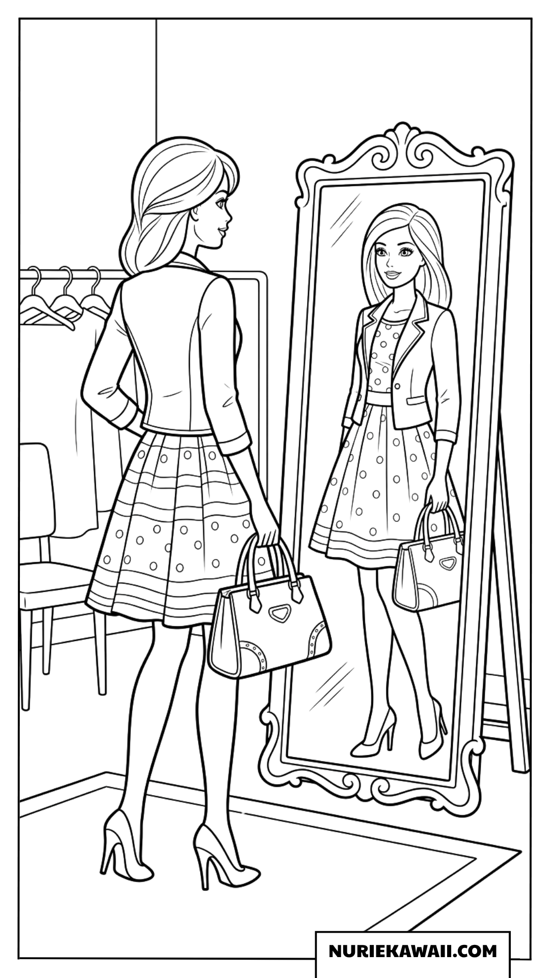 大きな鏡の前でドット柄ドレスを試着するバービー塗り絵