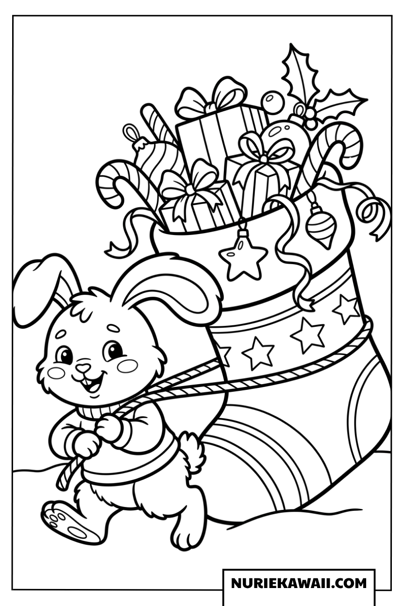 大きな靴下を引っ張るウサギ 塗り絵