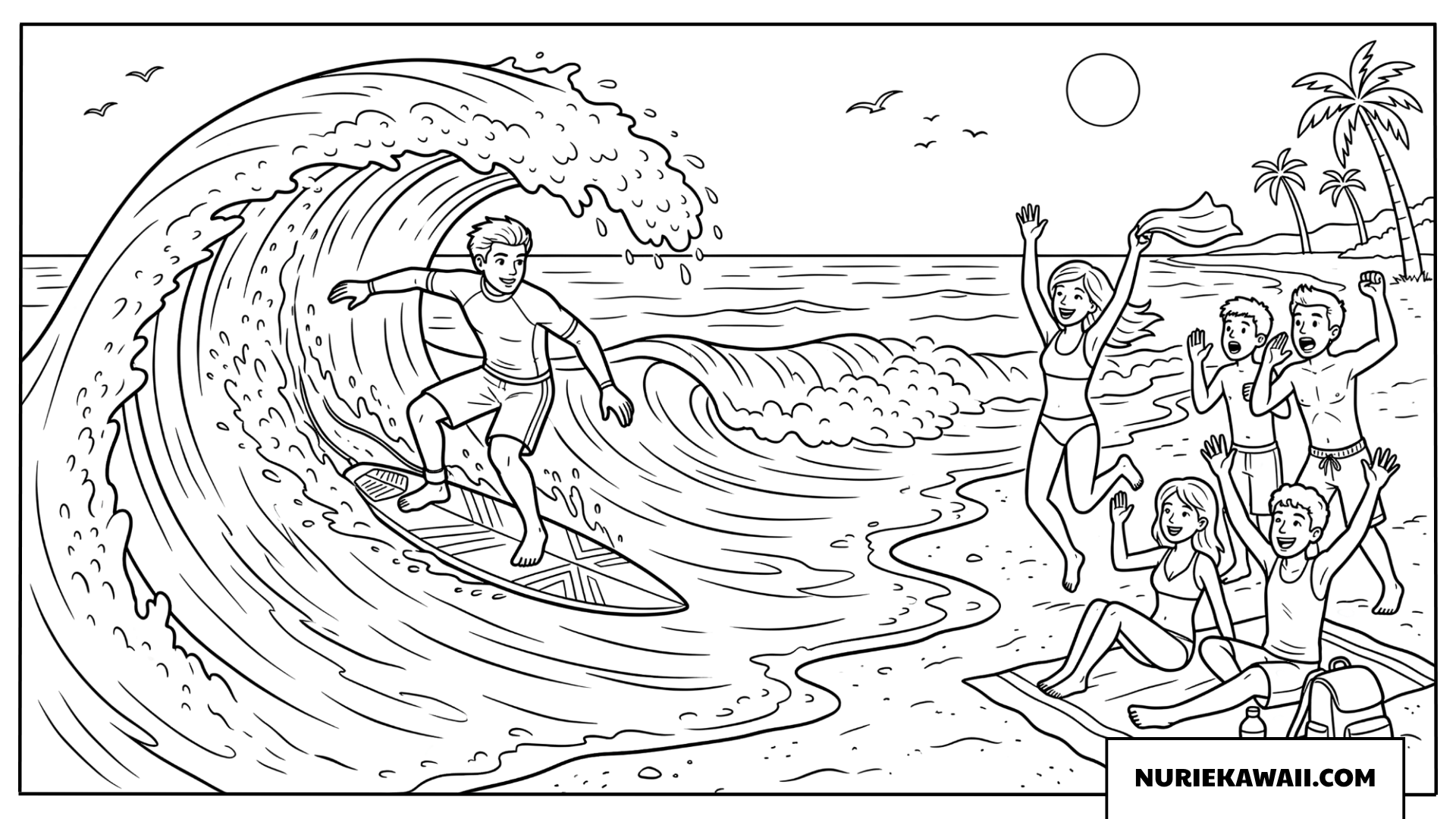 大波に乗るサーファーと浜辺で応援する仲間の塗り絵