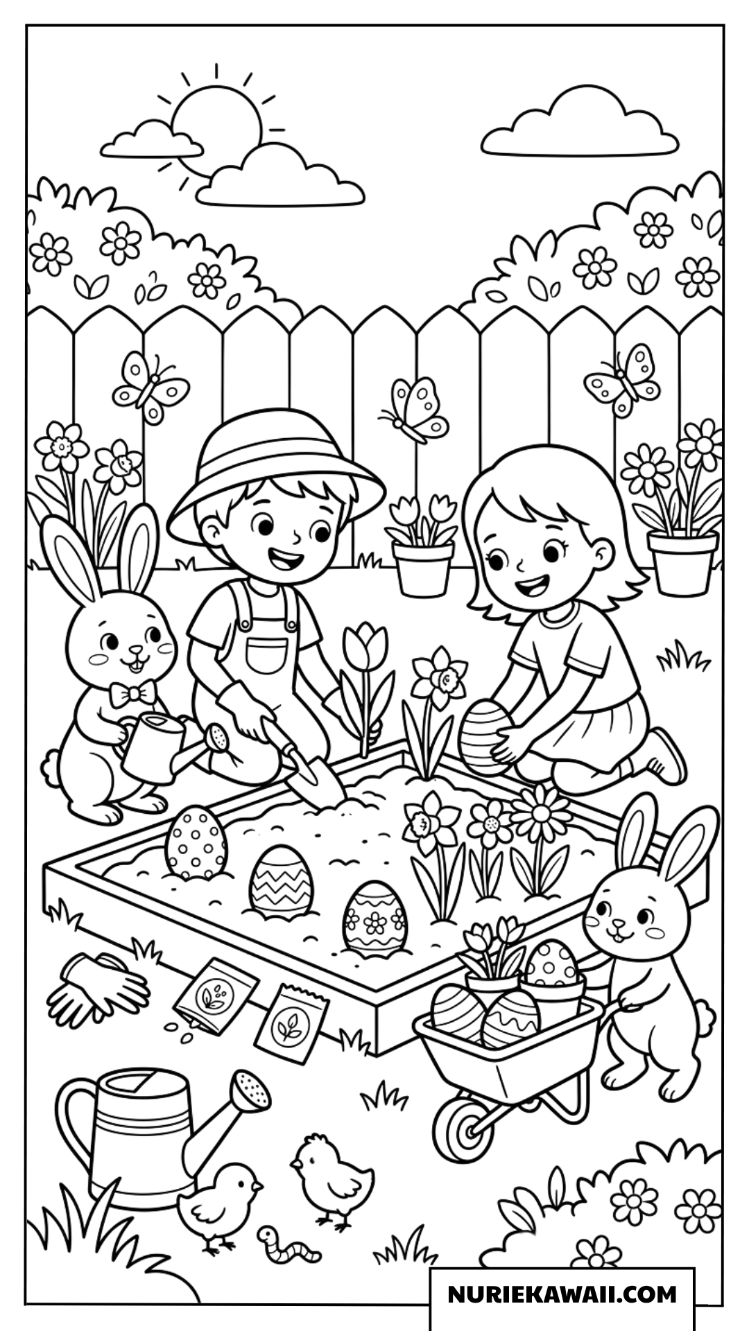 子どもたちとうさぎが庭で花を植えて卵を隠す楽しい塗り絵