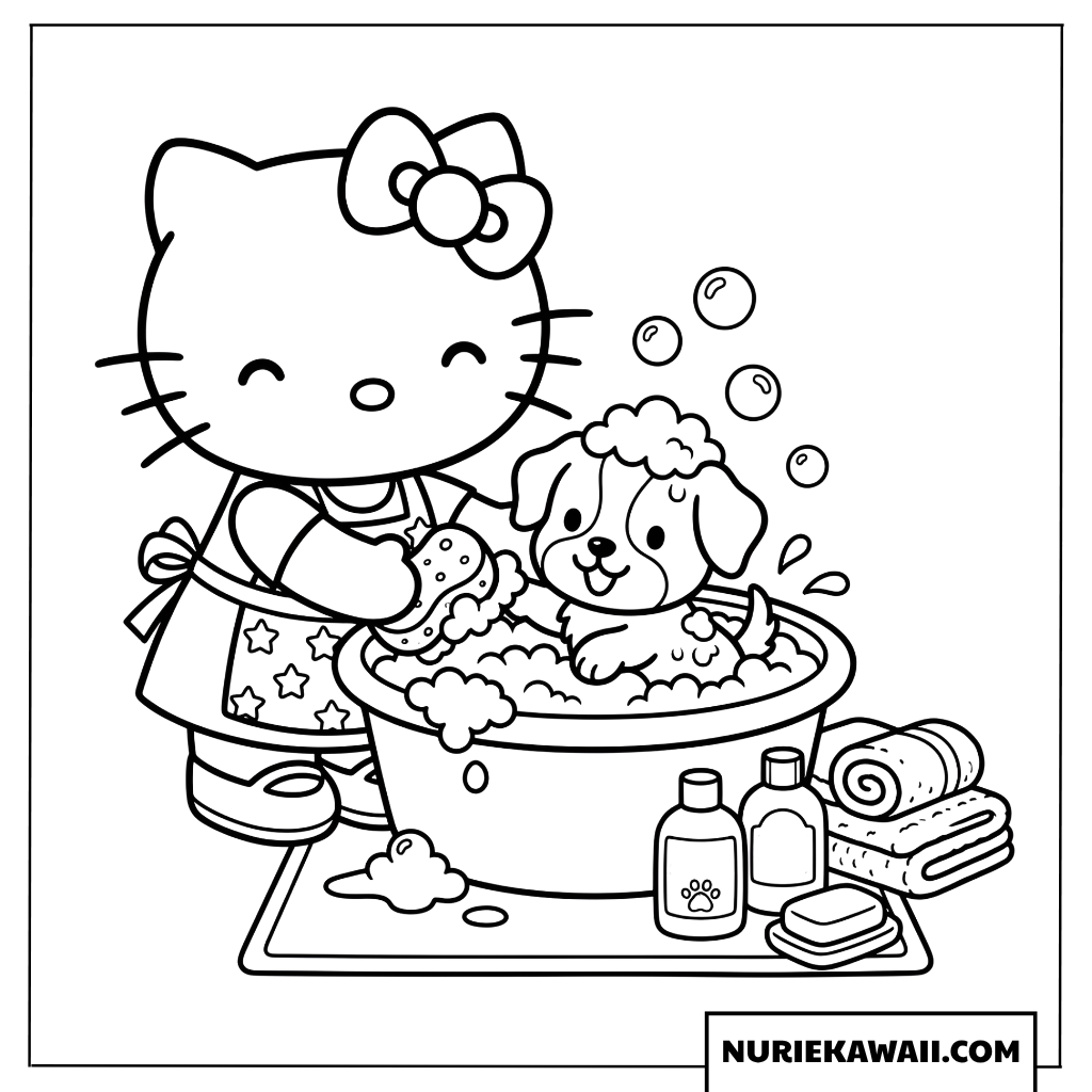 子犬をお風呂に入れてあげるハローキティの塗り絵